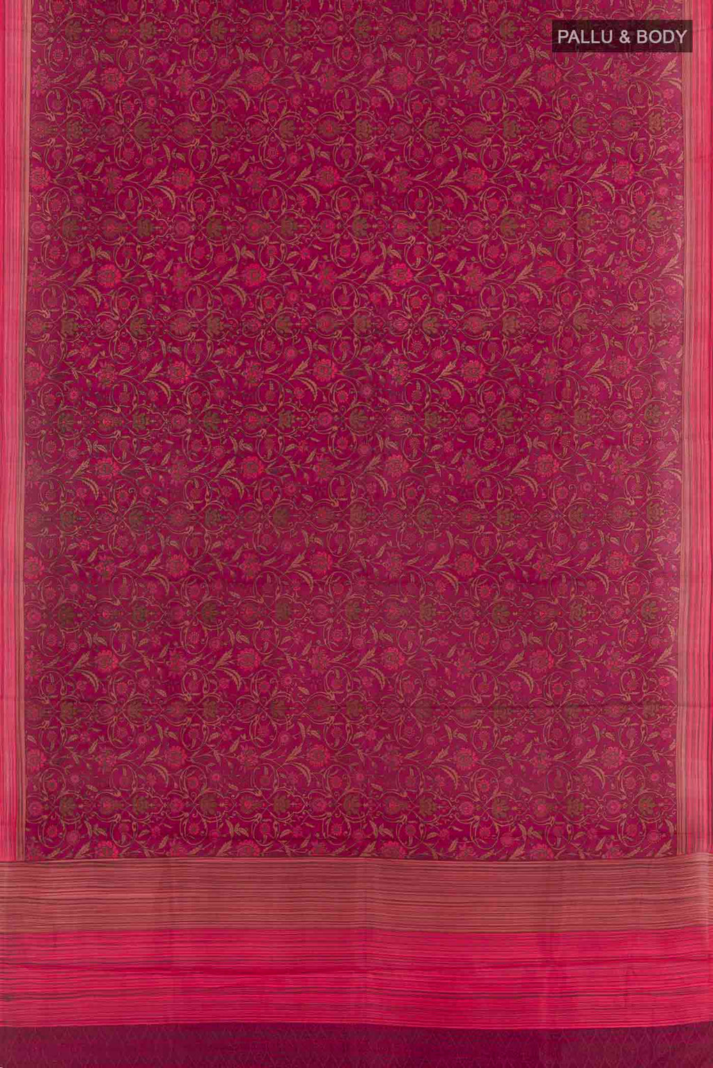 Flat view of Purple Printed Silk Saree with Printed design on the body and Plain Border. 