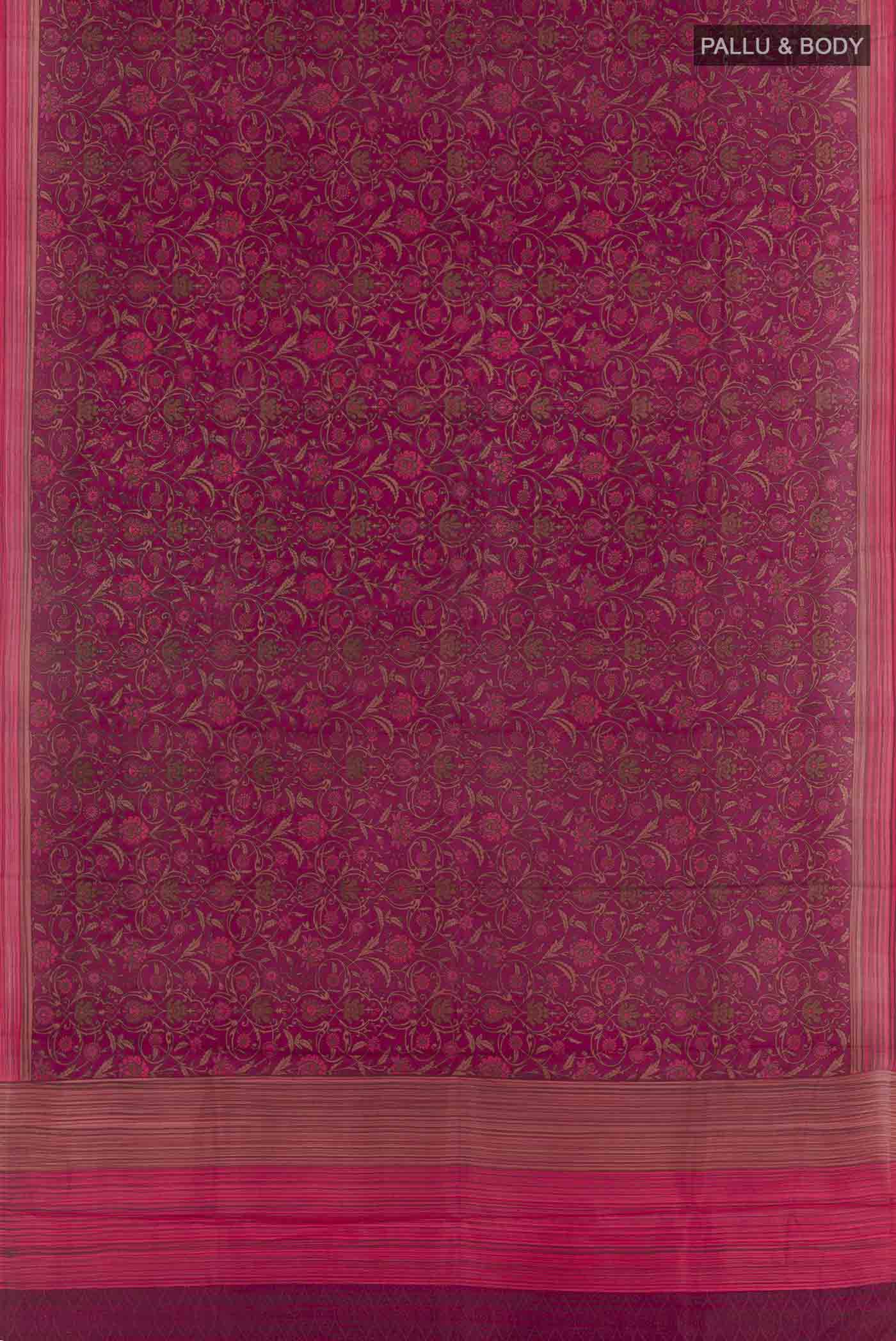 Flat view of Purple Printed Silk Saree with Printed design on the body and Plain Border. 