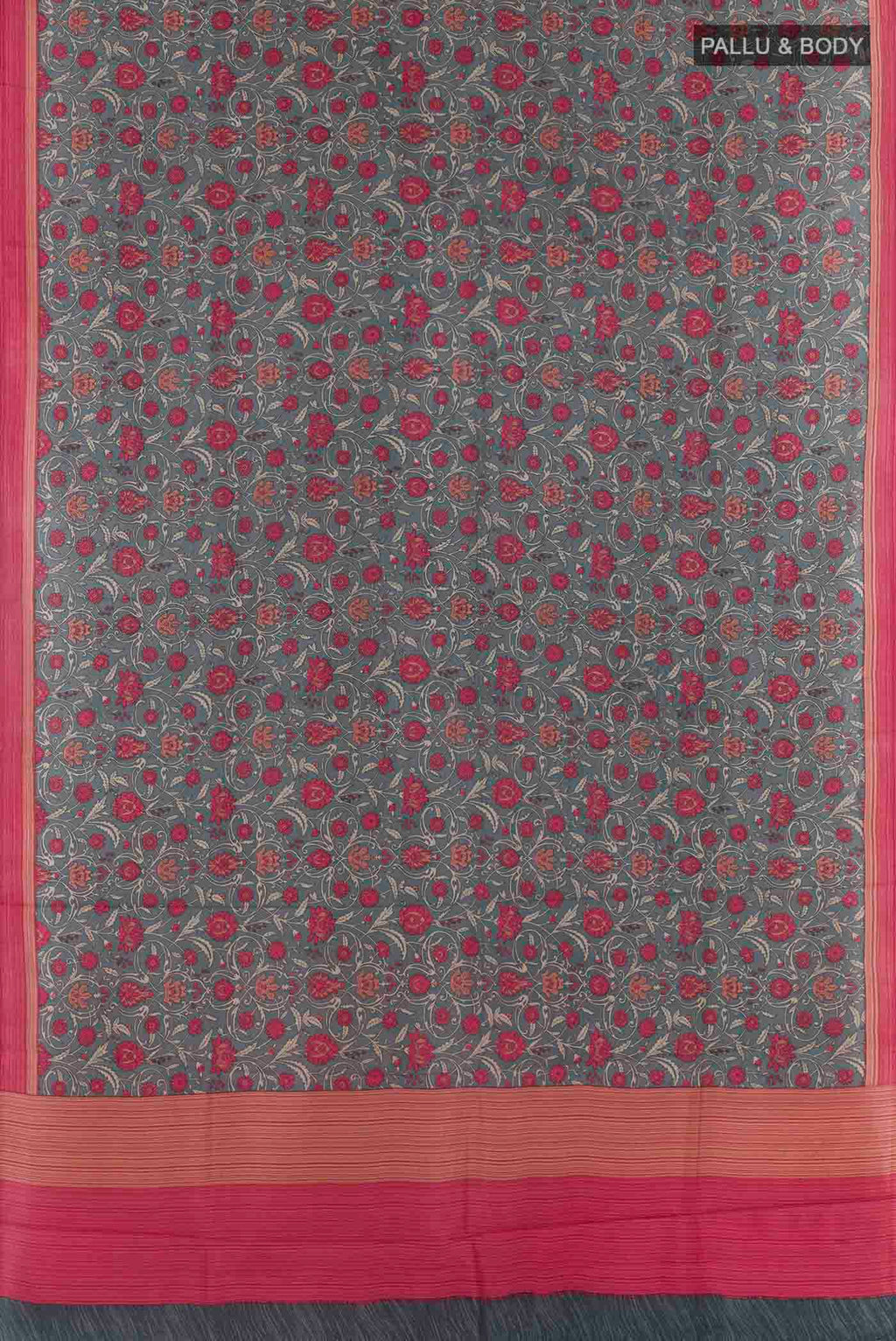 Flat view of Grey Printed Silk Saree with Printed design on the body and Plain Border. 