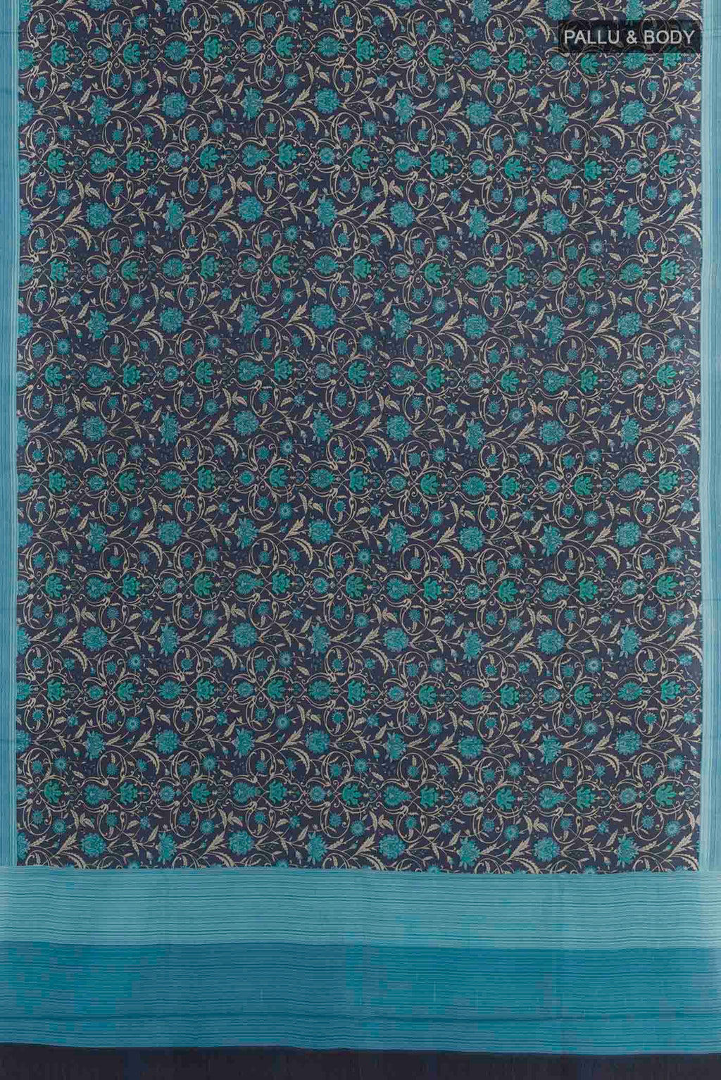 Flat view of Dark Blue Printed Silk Saree with Printed design on the body and Printed Border. 