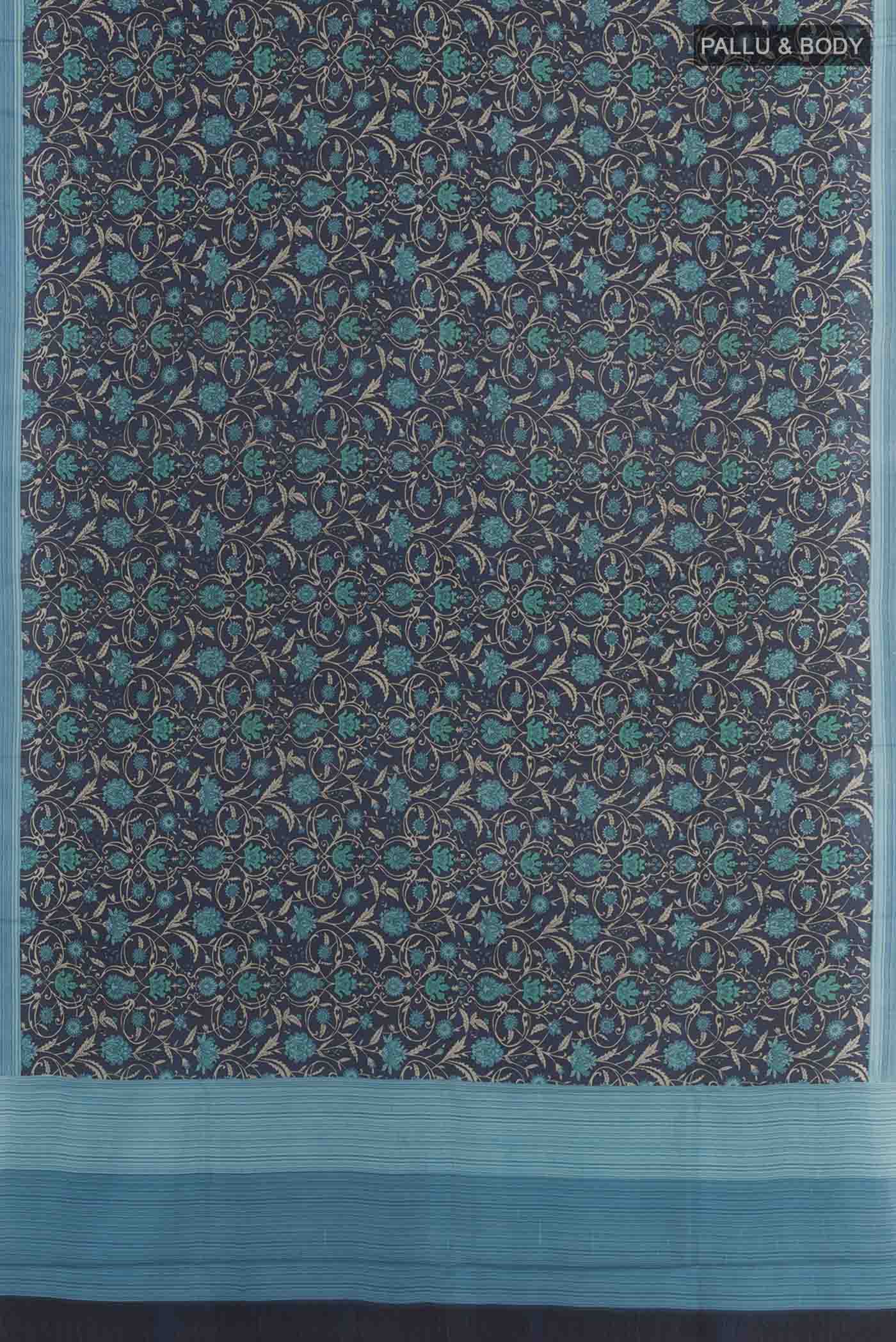 Flat view of Dark Blue Printed Silk Saree with Printed design on the body and Printed Border. 