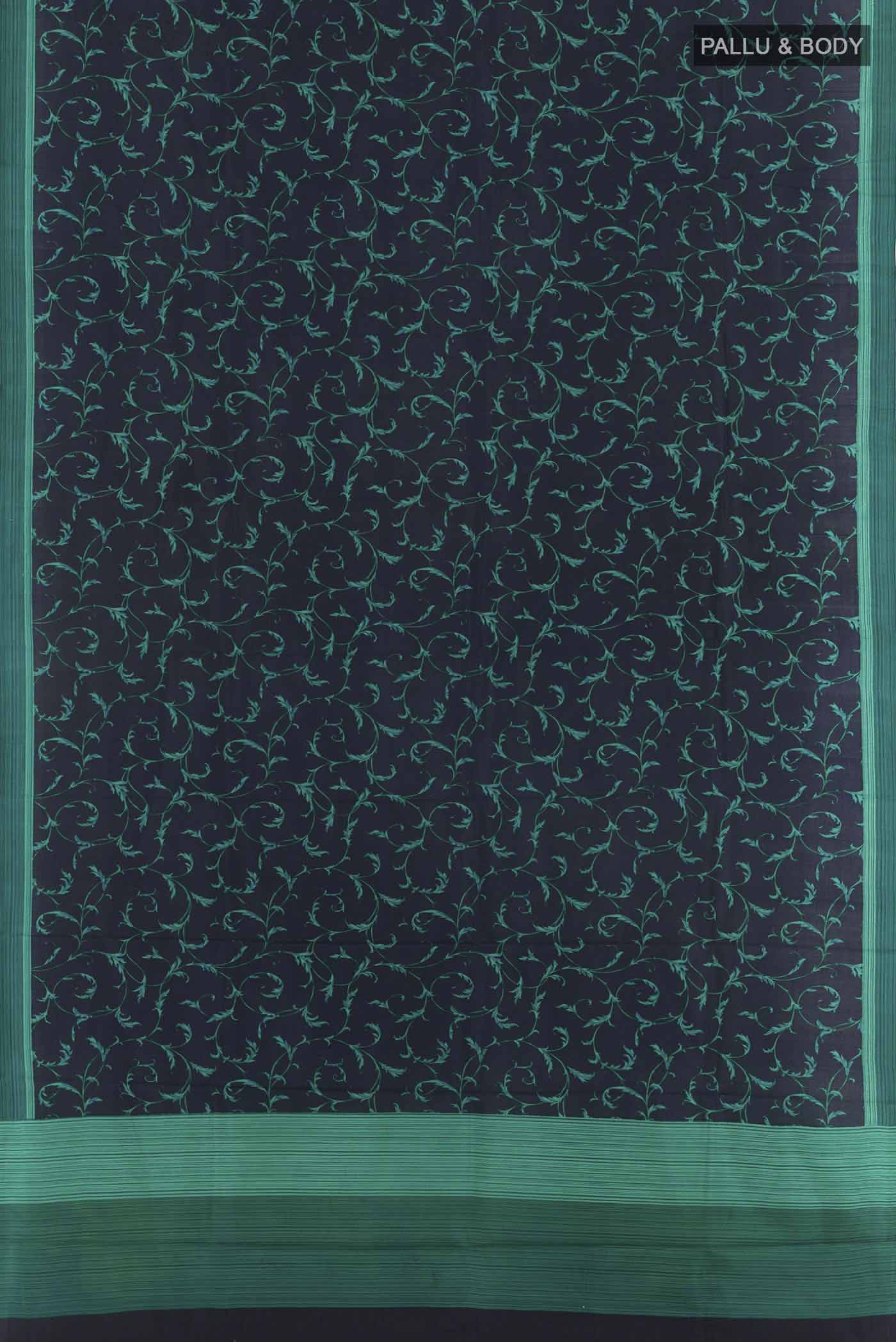 Flat view of Dark Blue Printed Silk Saree with Printed design on the body and Printed Border. 