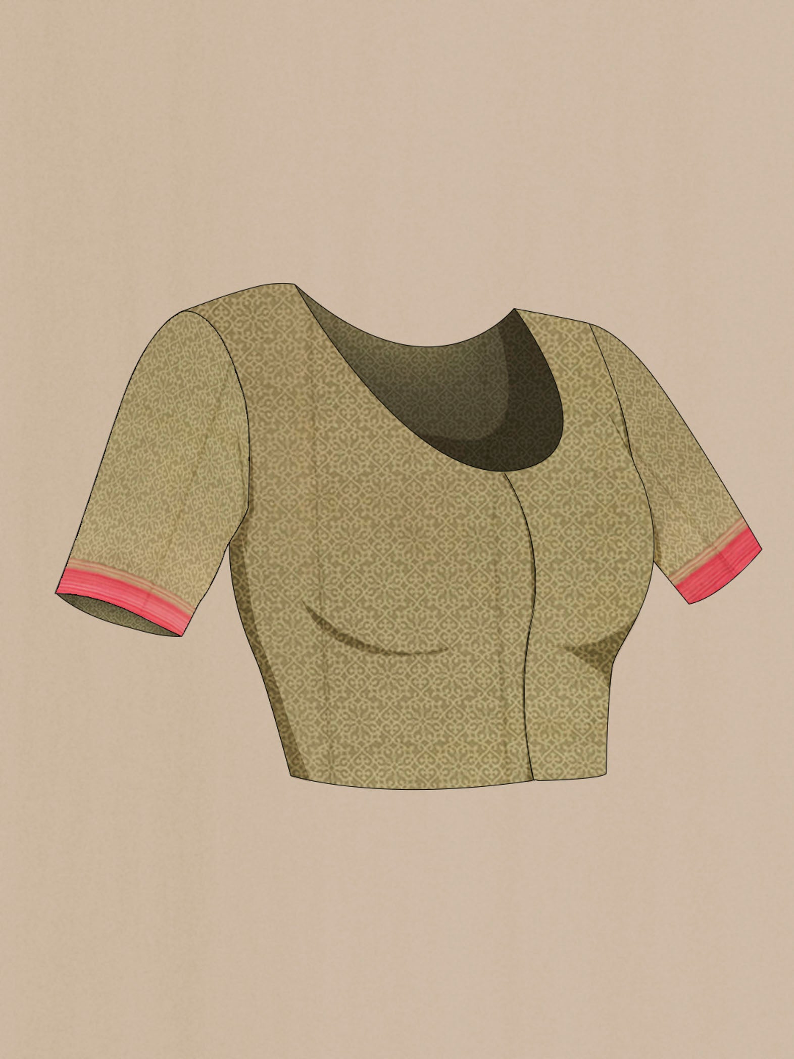 Close up image of the blouse of Beige Printed Silk Saree with Printed design on the body and Plain Border. 