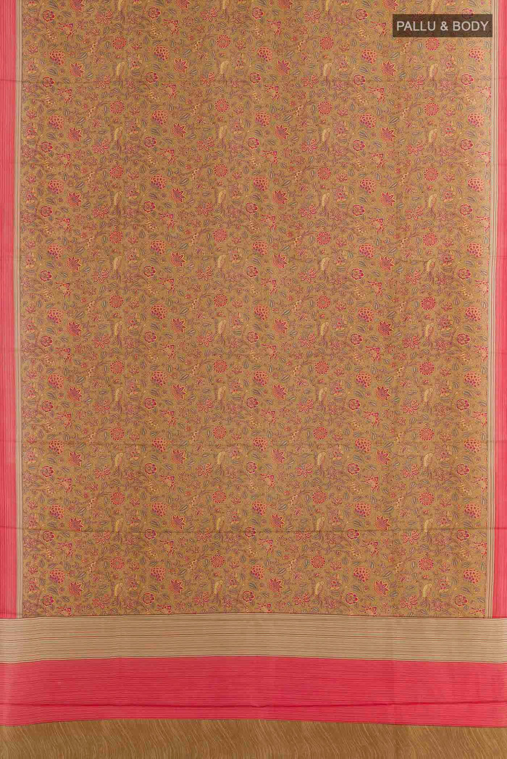 Flat view of Beige Printed Silk Saree with Printed design on the body and Plain Border. 