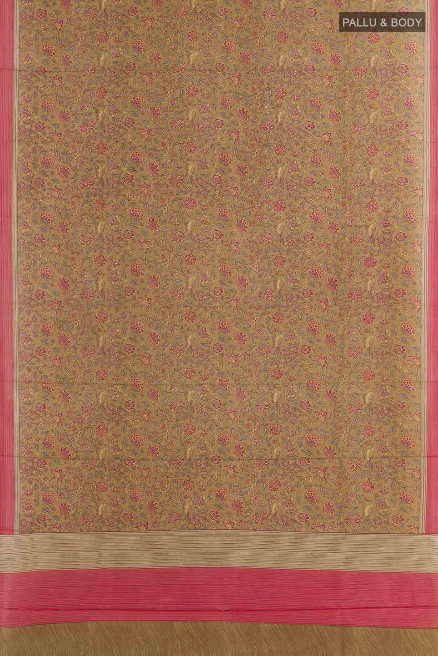 Flat view of Beige Printed Silk Saree with Printed design on the body and Plain Border. 