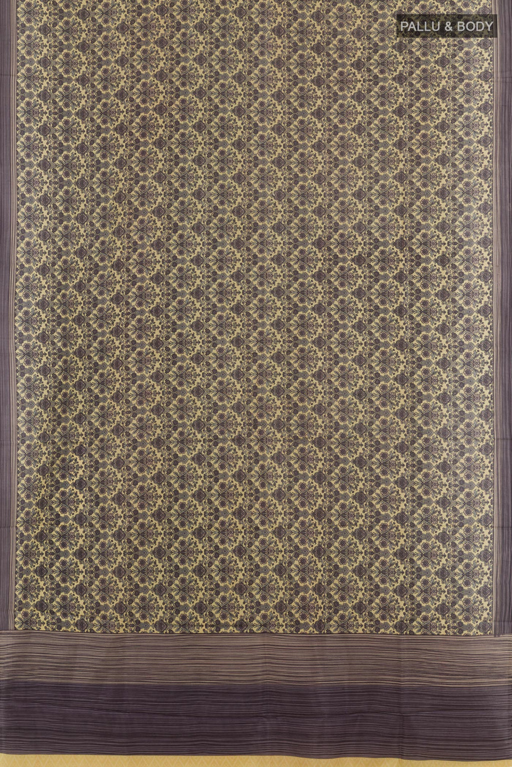 Flat view of Lemon Yellow Printed Silk Saree with Printed design on the body and Printed Border. 