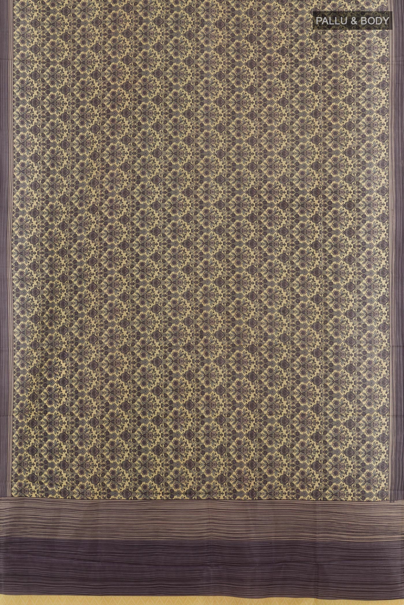 Flat view of Lemon Yellow Printed Silk Saree with Printed design on the body and Printed Border. 