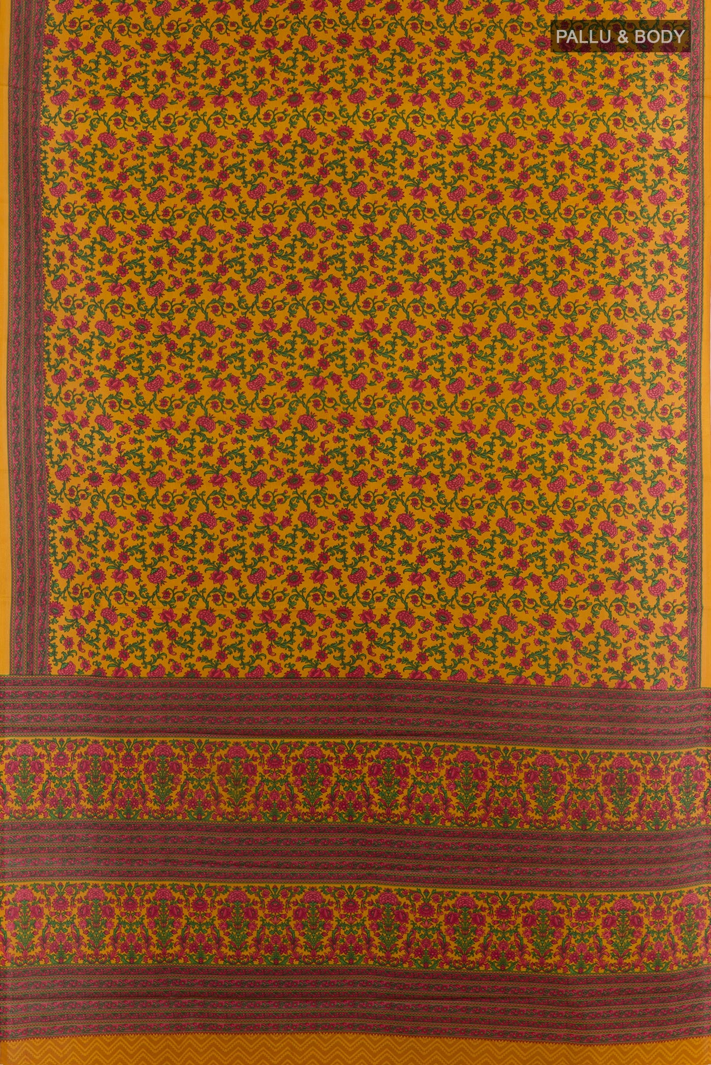 Flat view of Mustard Printed Silk Saree with Printed design on the body and Printed Border. 