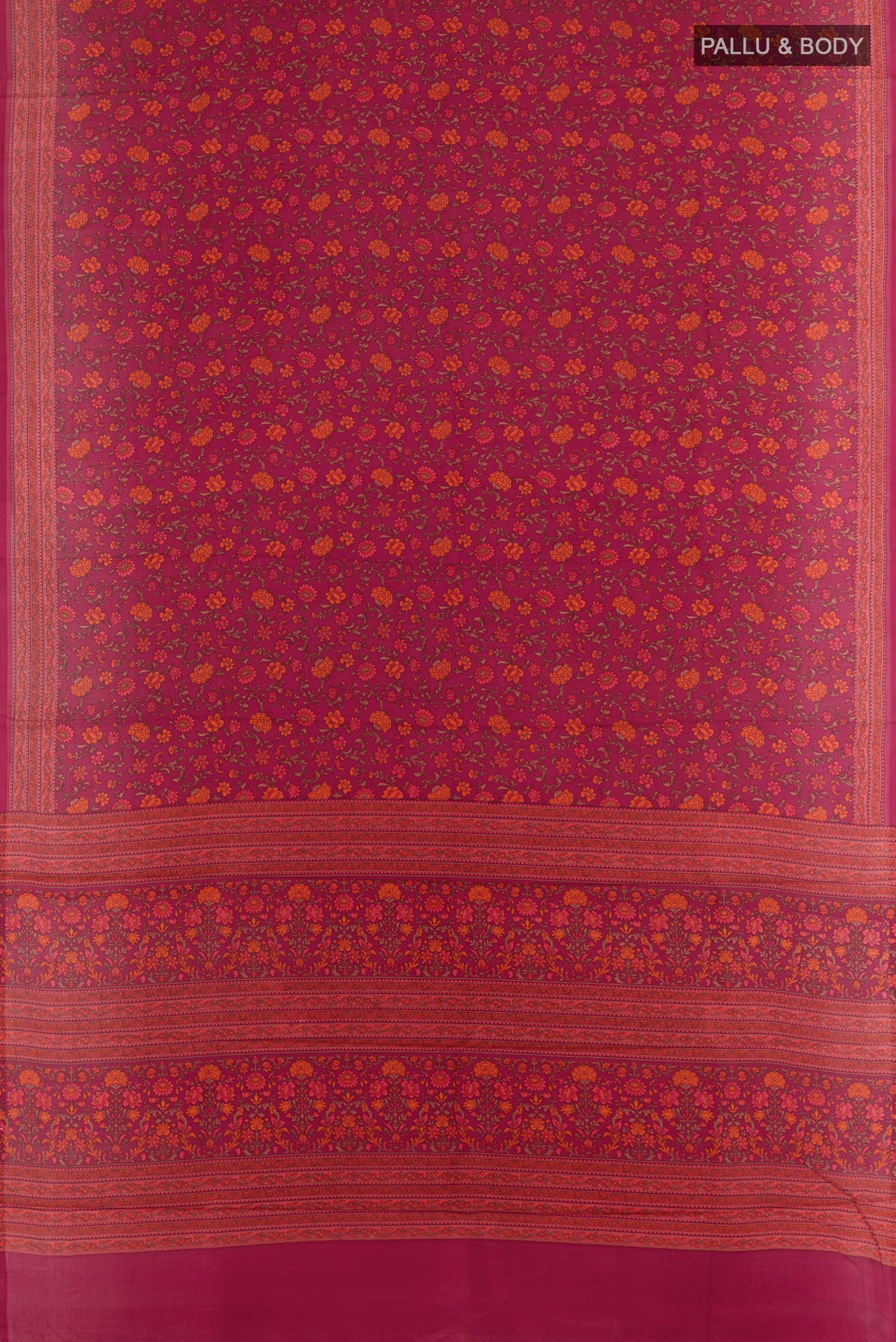 Flat view of Magenta Printed Silk Saree with Printed design on the body and Printed Border. 