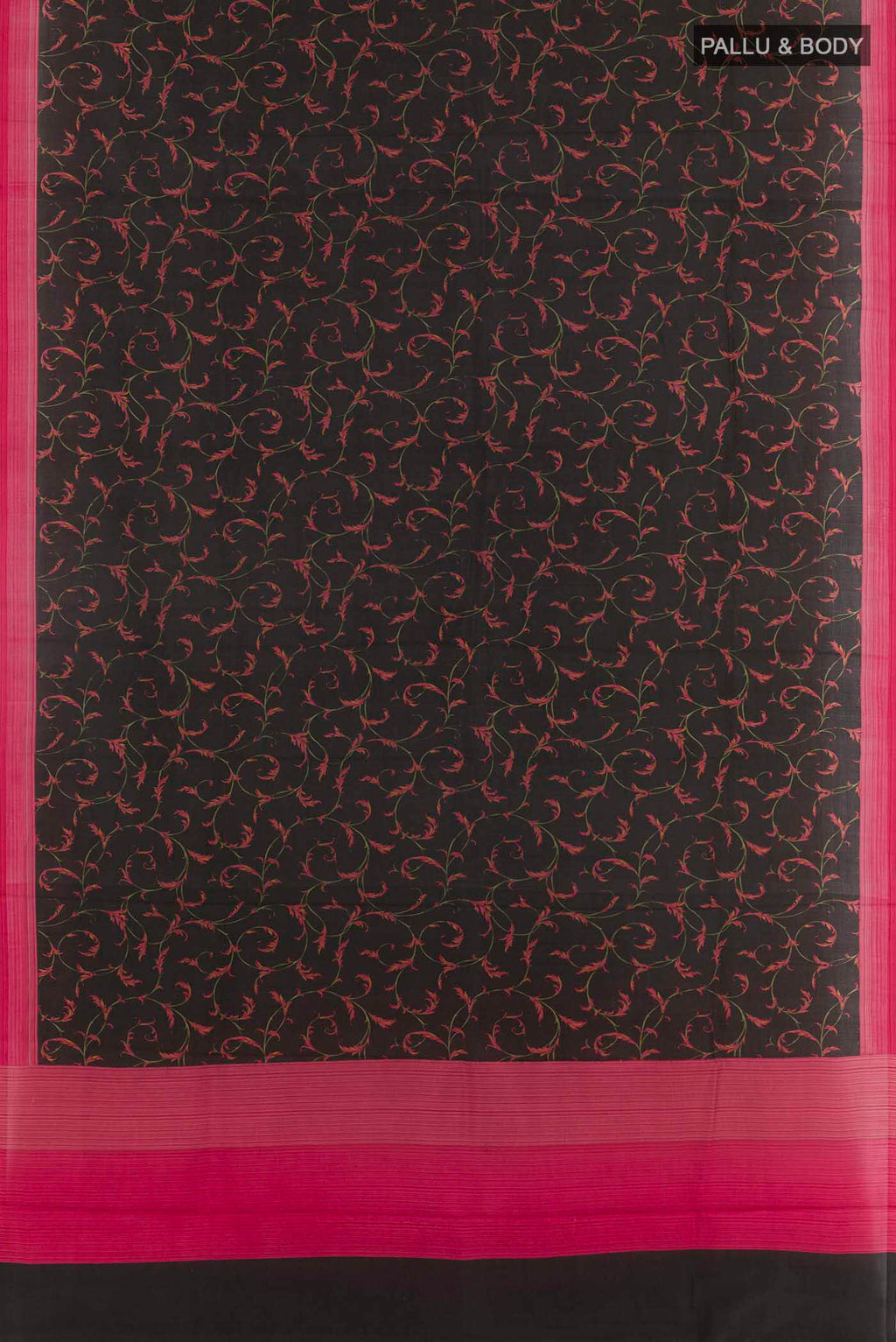 Flat view of Black Printed Silk Saree with Printed design on the body and Printed Border. 