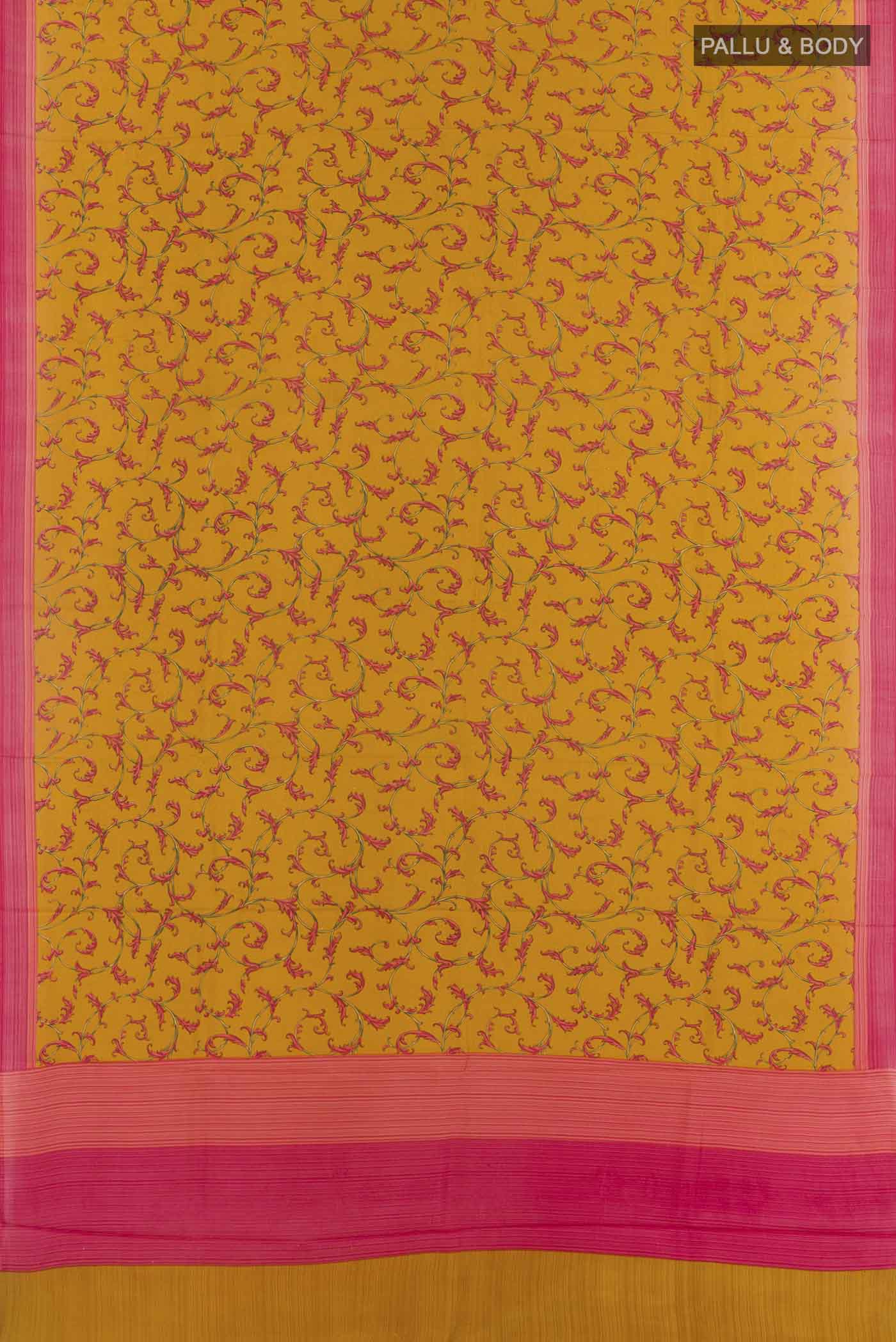 Flat view of Mustard Printed Silk Saree with Printed design on the body and Printed Border. 