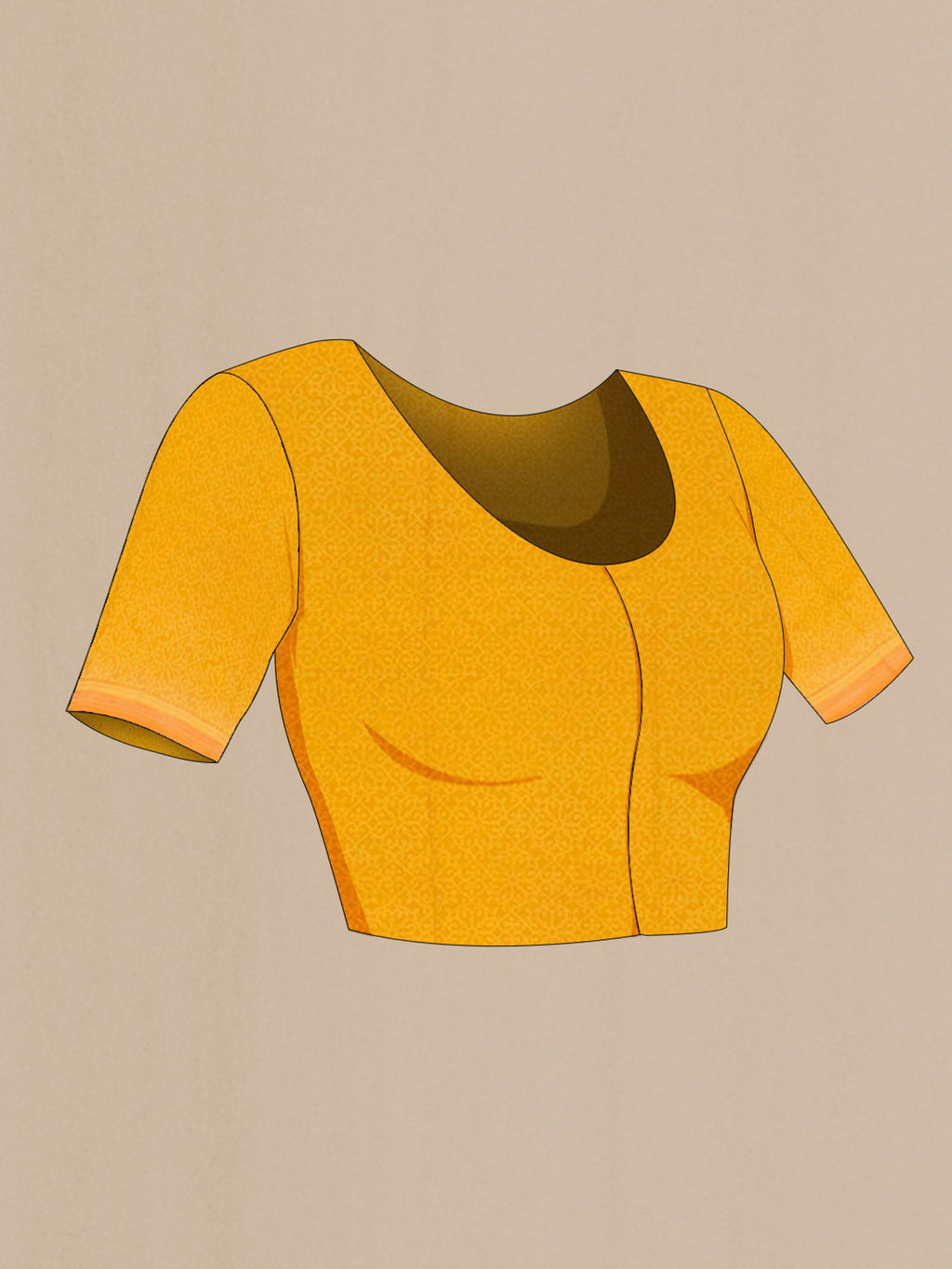 Close up image of the blouse of Yellow Printed Silk Saree with Printed design on the body and Printed Border. 