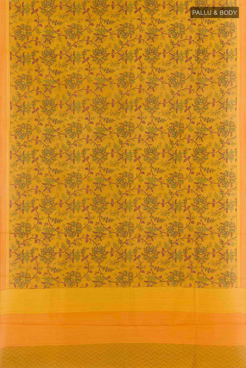 Flat view of Yellow Printed Silk Saree with Printed design on the body and Printed Border. 