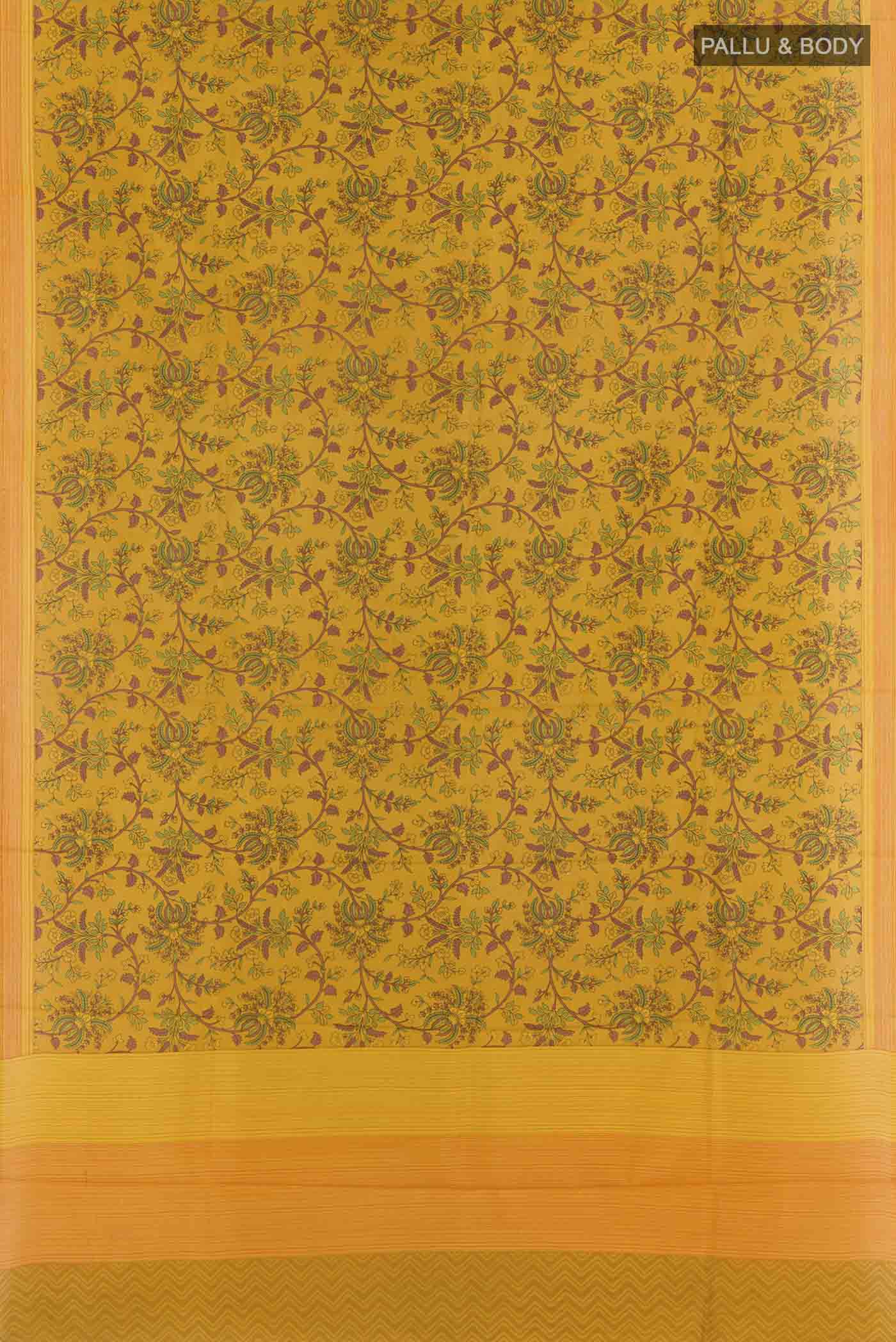 Flat view of Yellow Printed Silk Saree with Printed design on the body and Printed Border. 