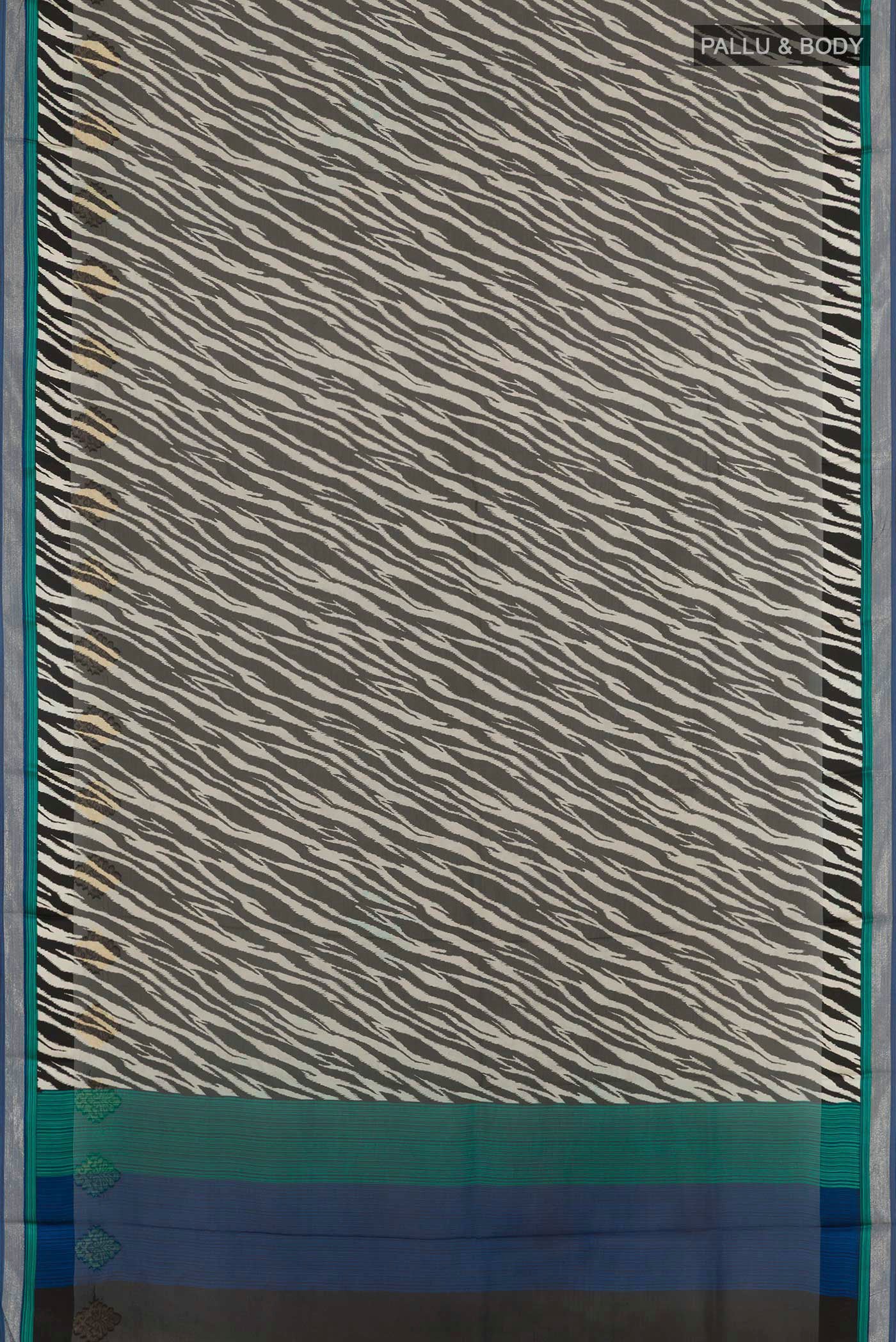 Flat view of Black Chiffon Saree with Stripes on the body and Zari Border. 