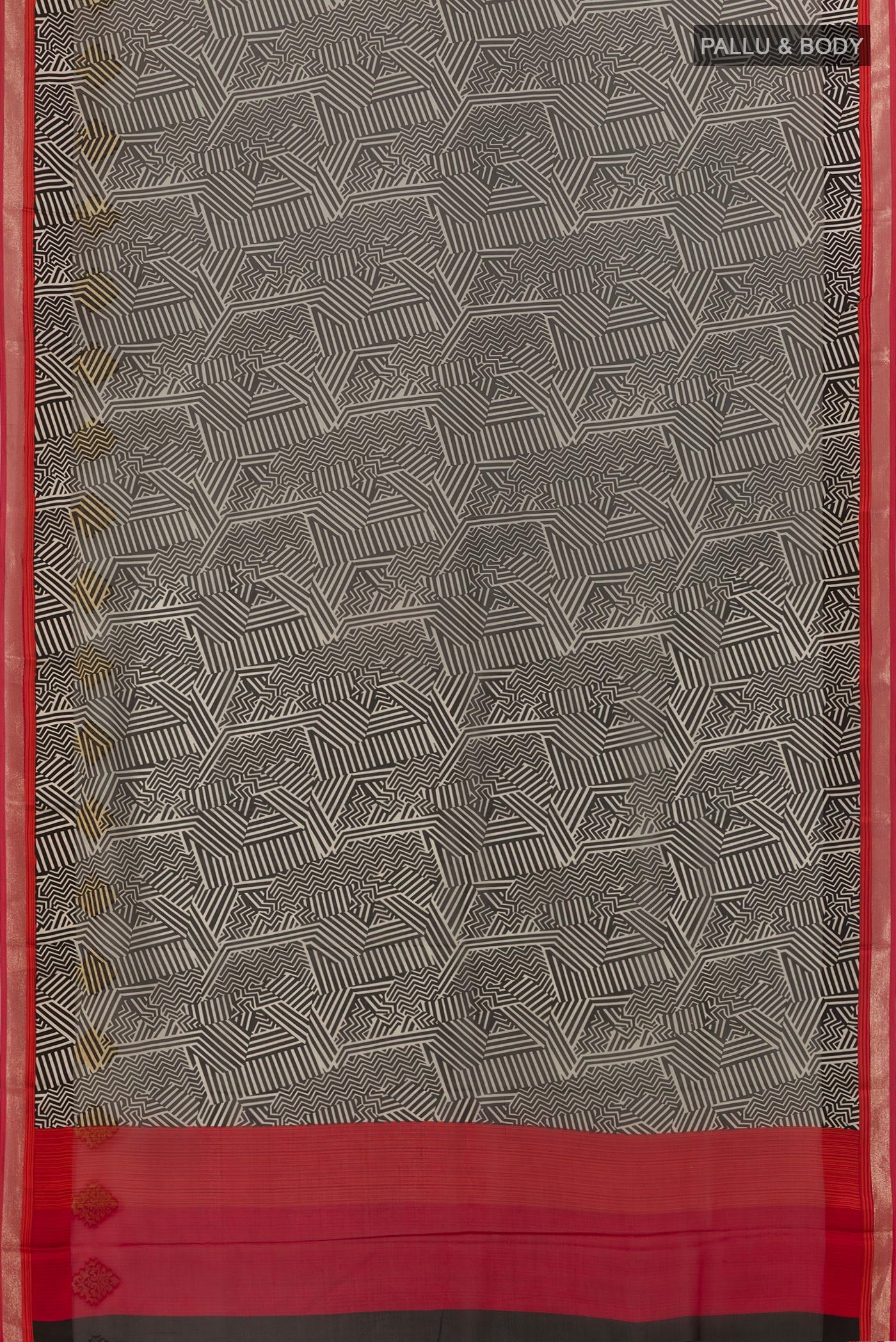 Flat view of Black Mysore Chiffon Saree with Printed design on the body and Zari Border. 