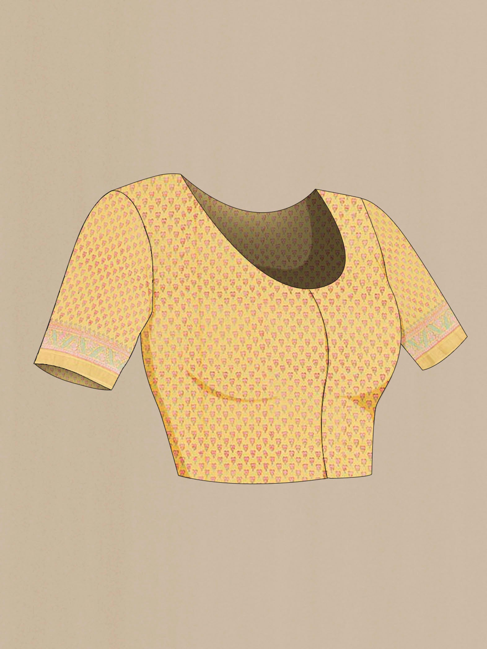 Close up image of the blouse of Yellow Printed Silk Saree with Printed design on the body and Zari Border. 