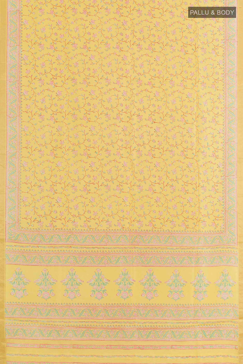 Flat view of Yellow Printed Silk Saree with Printed design on the body and Zari Border. 