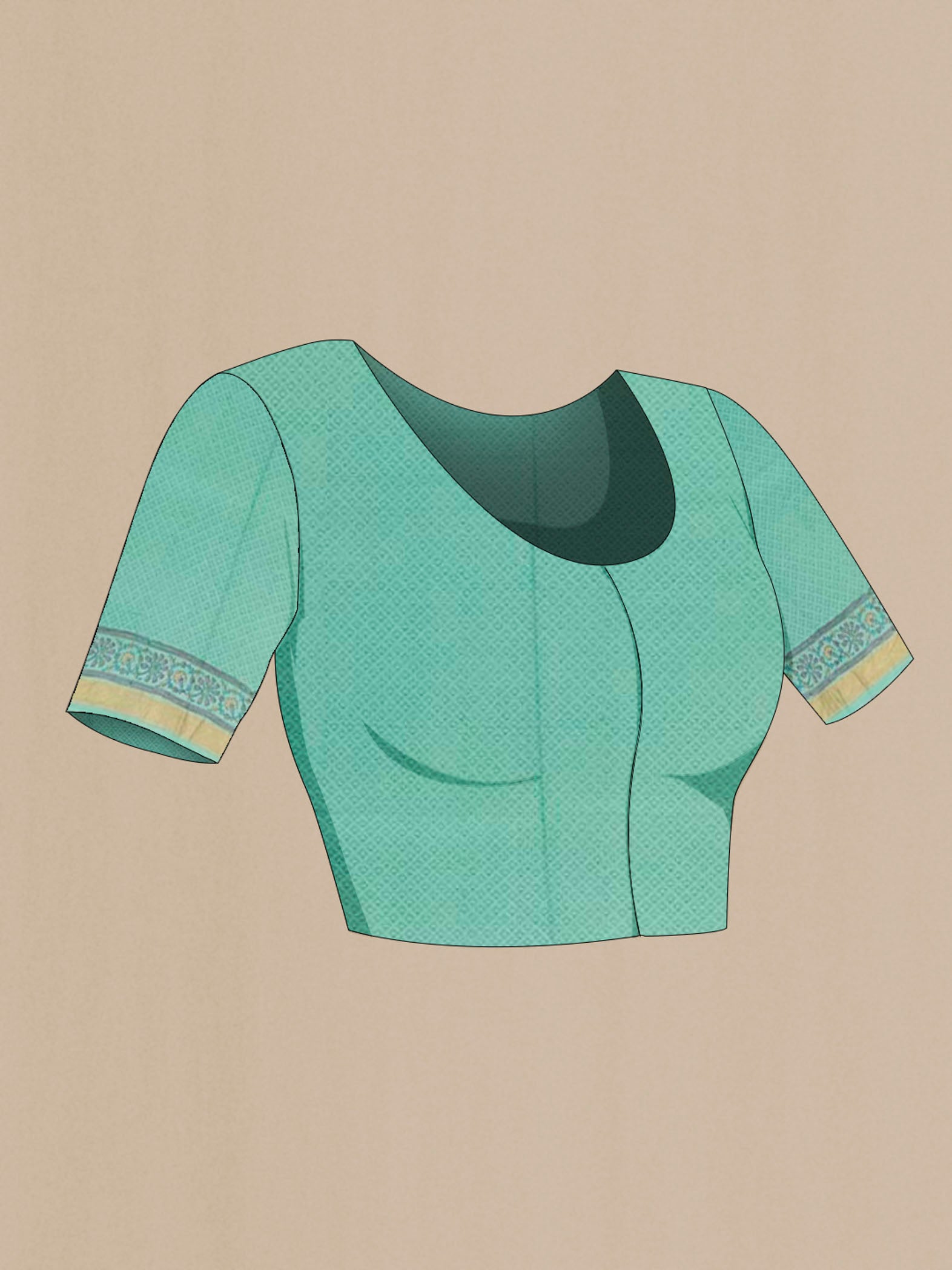 Close up image of the blouse of Blue Printed Silk Saree with Printed design on the body and Zari Border. 