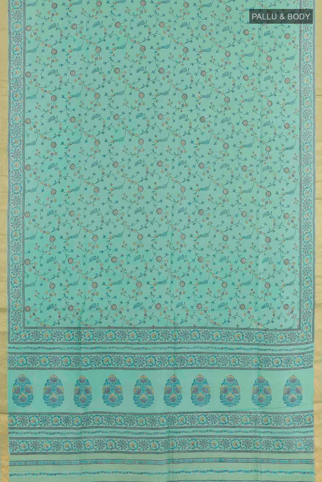 Flat view of Blue Printed Silk Saree with Printed design on the body and Zari Border. 