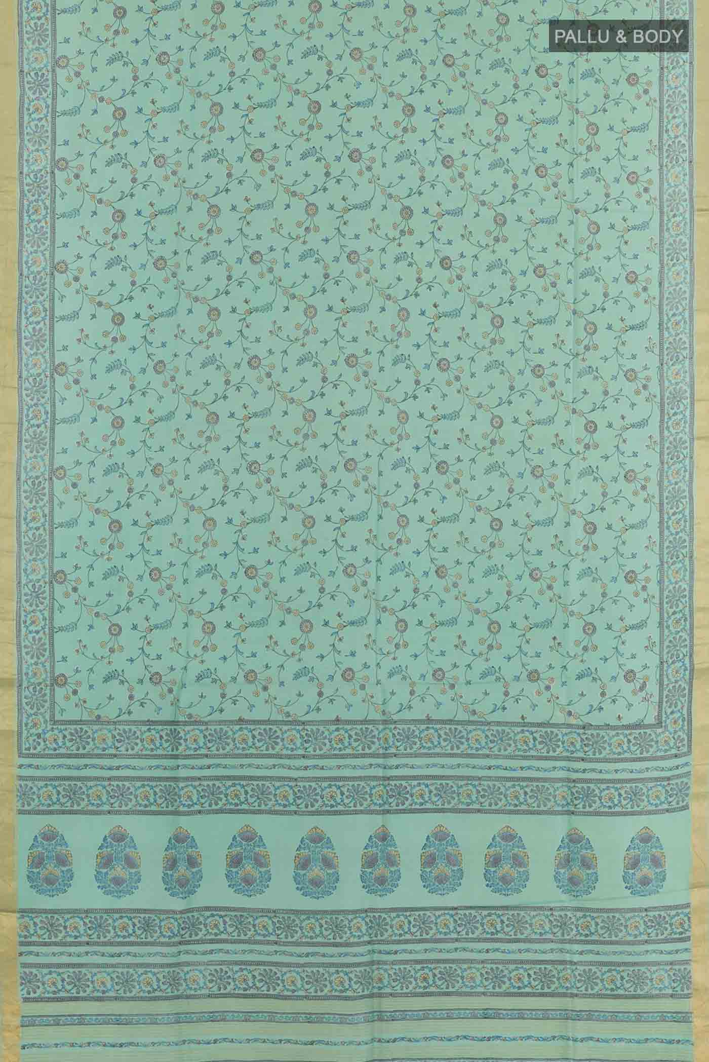 Flat view of Blue Printed Silk Saree with Printed design on the body and Zari Border. 