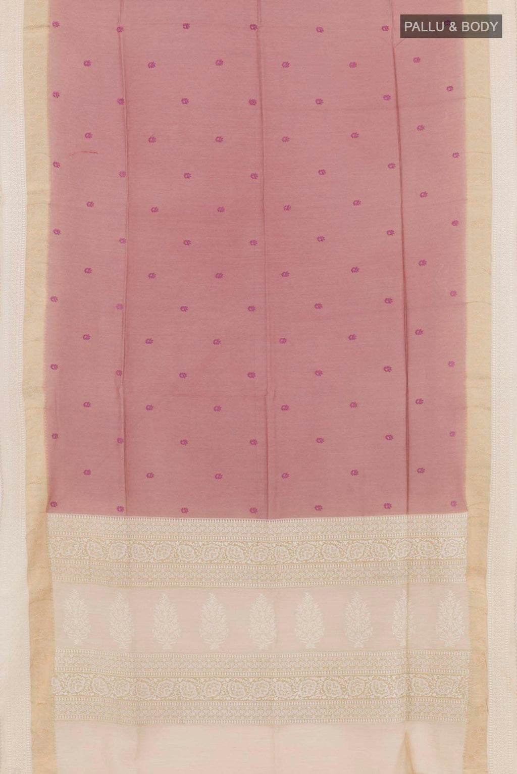 Flat view of Imperial Pink Tussar Saree with Thread Butta on the body and Embroidery Border. 