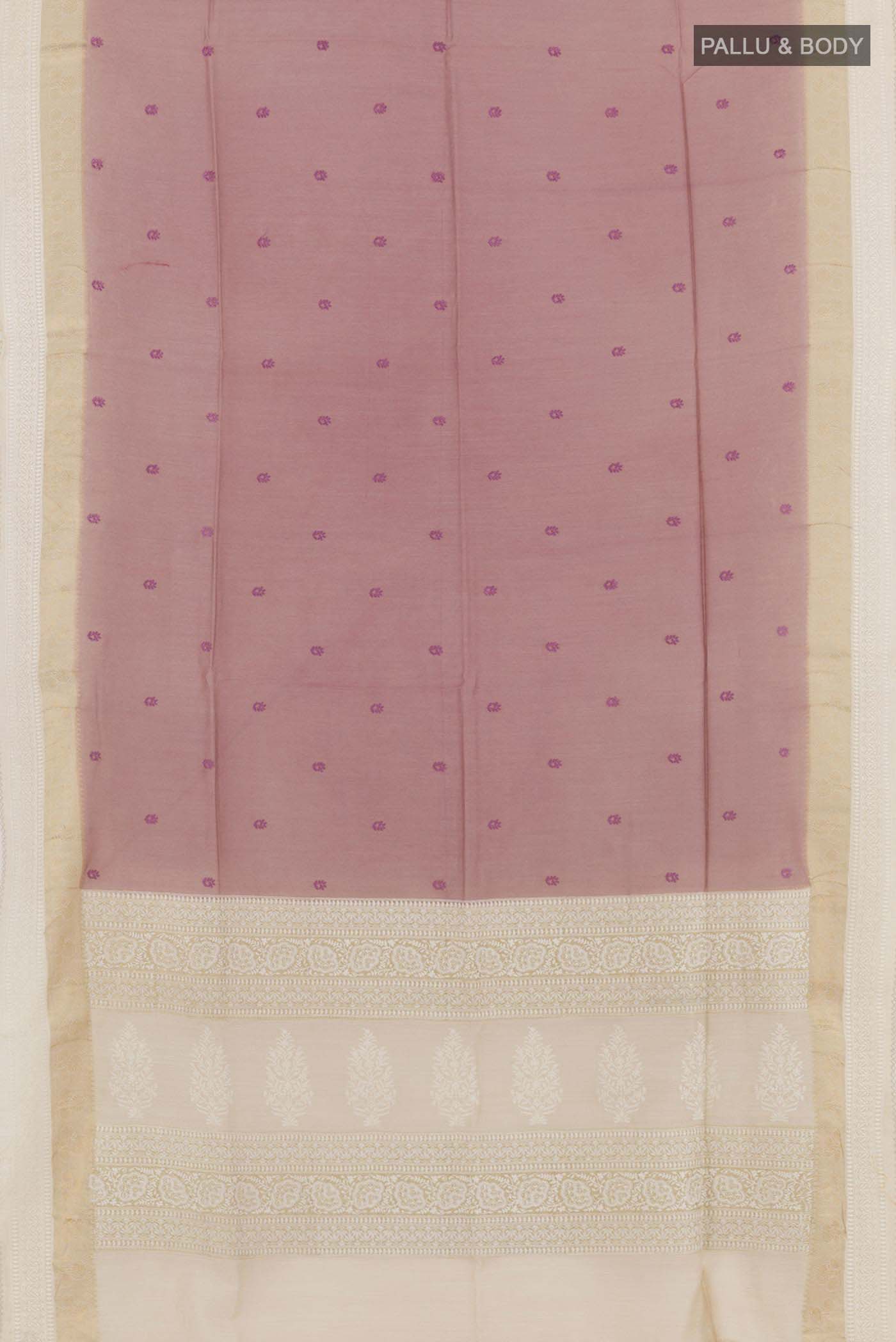 Flat view of Imperial Pink Tussar Saree with Thread Butta on the body and Embroidery Border. 