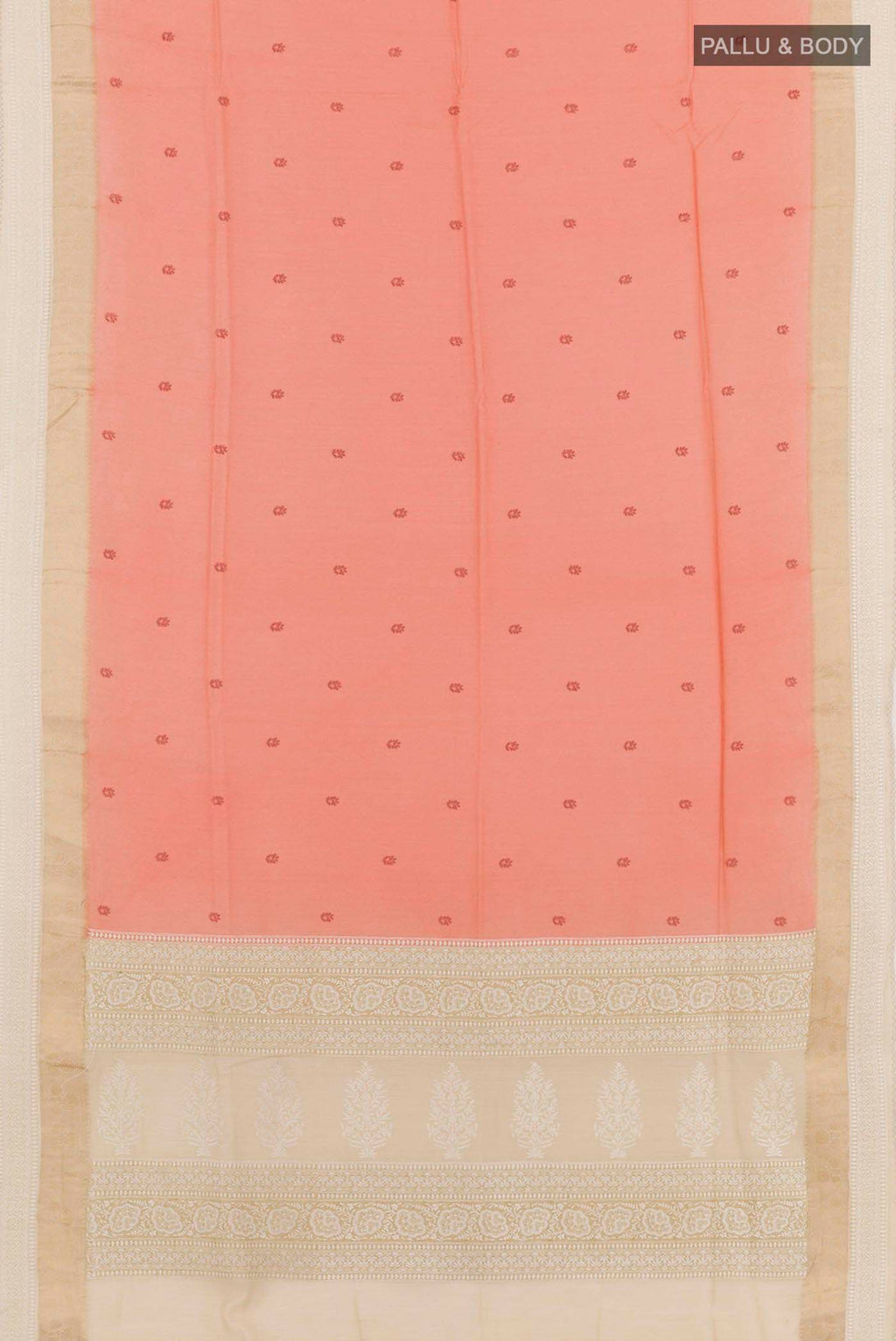 Flat view of Rose pink Tussar Saree with Thread Butta on the body and Thread Border. 