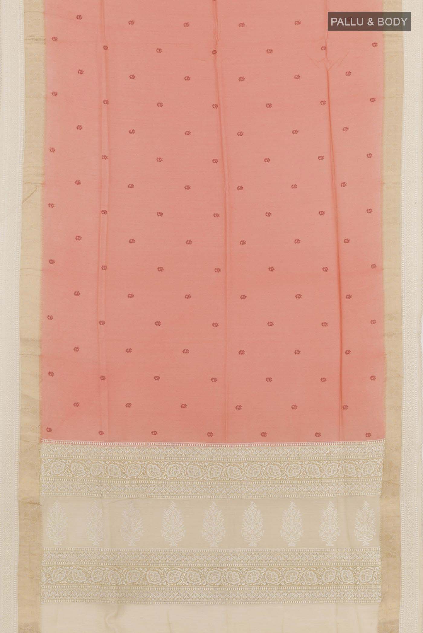 Flat view of Rose pink Tussar Saree with Thread Butta on the body and Thread Border. 