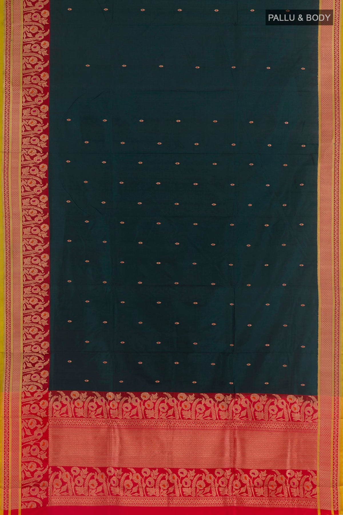 Flat view of Bottle Green Banarasi Katan Silk Saree with Zari Butta on the body and Zari Border. 