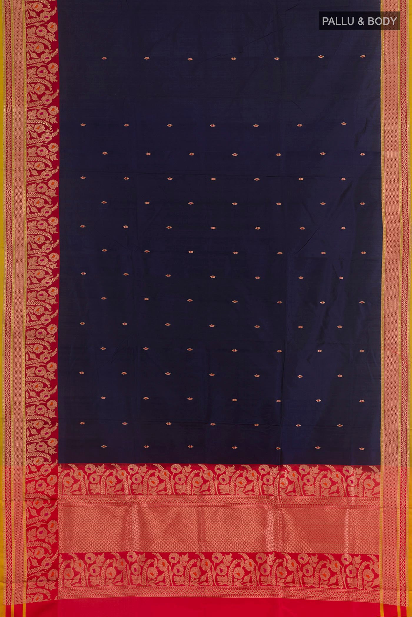 Flat view of Navy Blue Banarasi Katan Silk Saree with Zari Butta on the body and Zari Border. 
