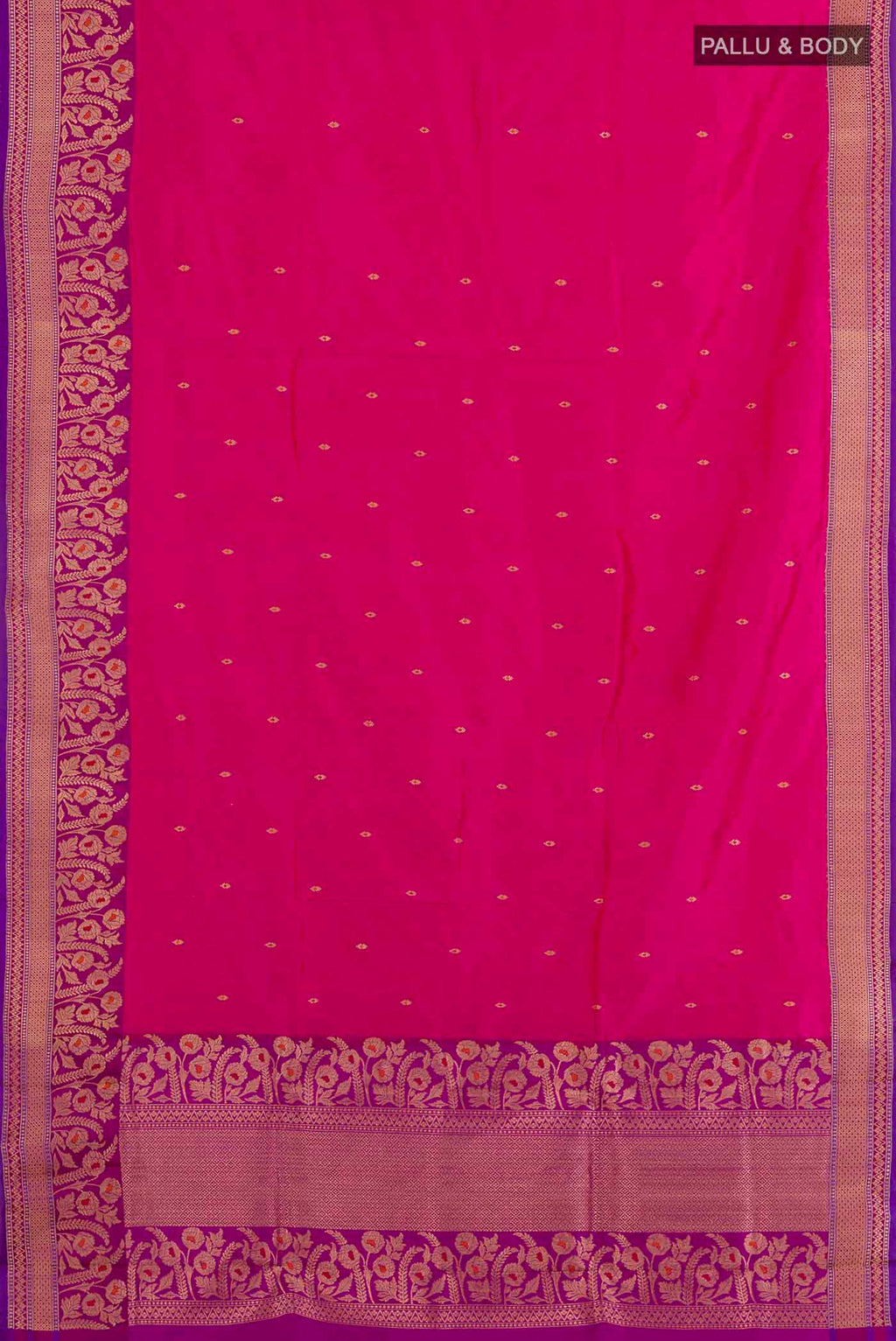 Flat view of Rani Pink Banarasi Katan Silk Saree with Zari Butta on the body and Zari Border. 