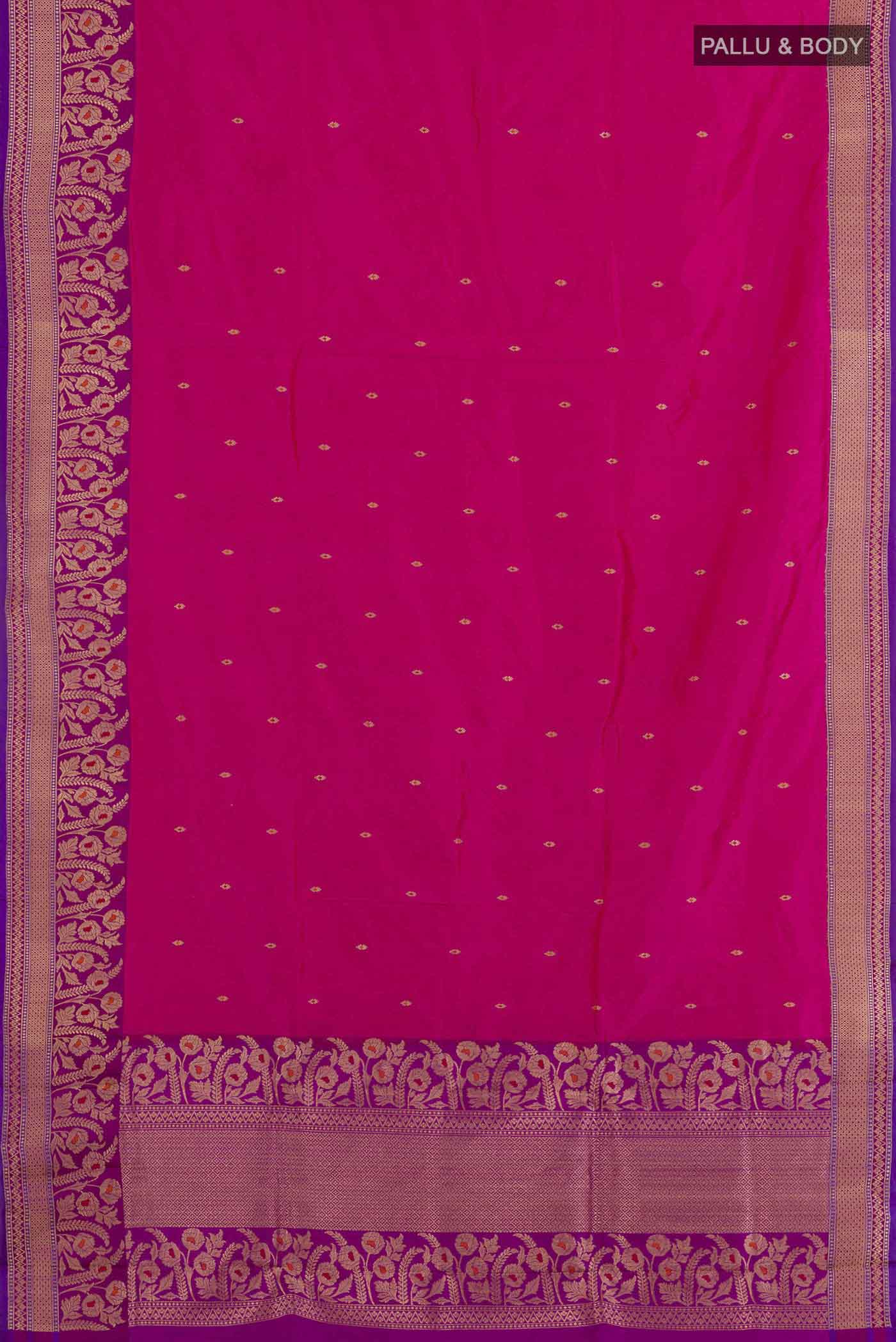 Flat view of Rani Pink Banarasi Katan Silk Saree with Zari Butta on the body and Zari Border. 