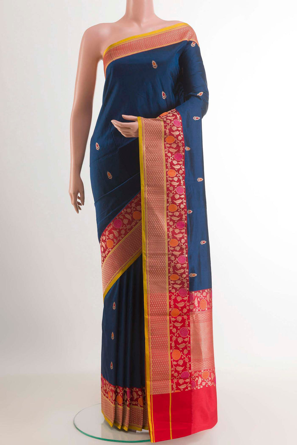 Royal Blue Dual Tone Banarasi Katan Silk Saree with Zari Butta on the body and Zari Border.  displayed on a mannequin