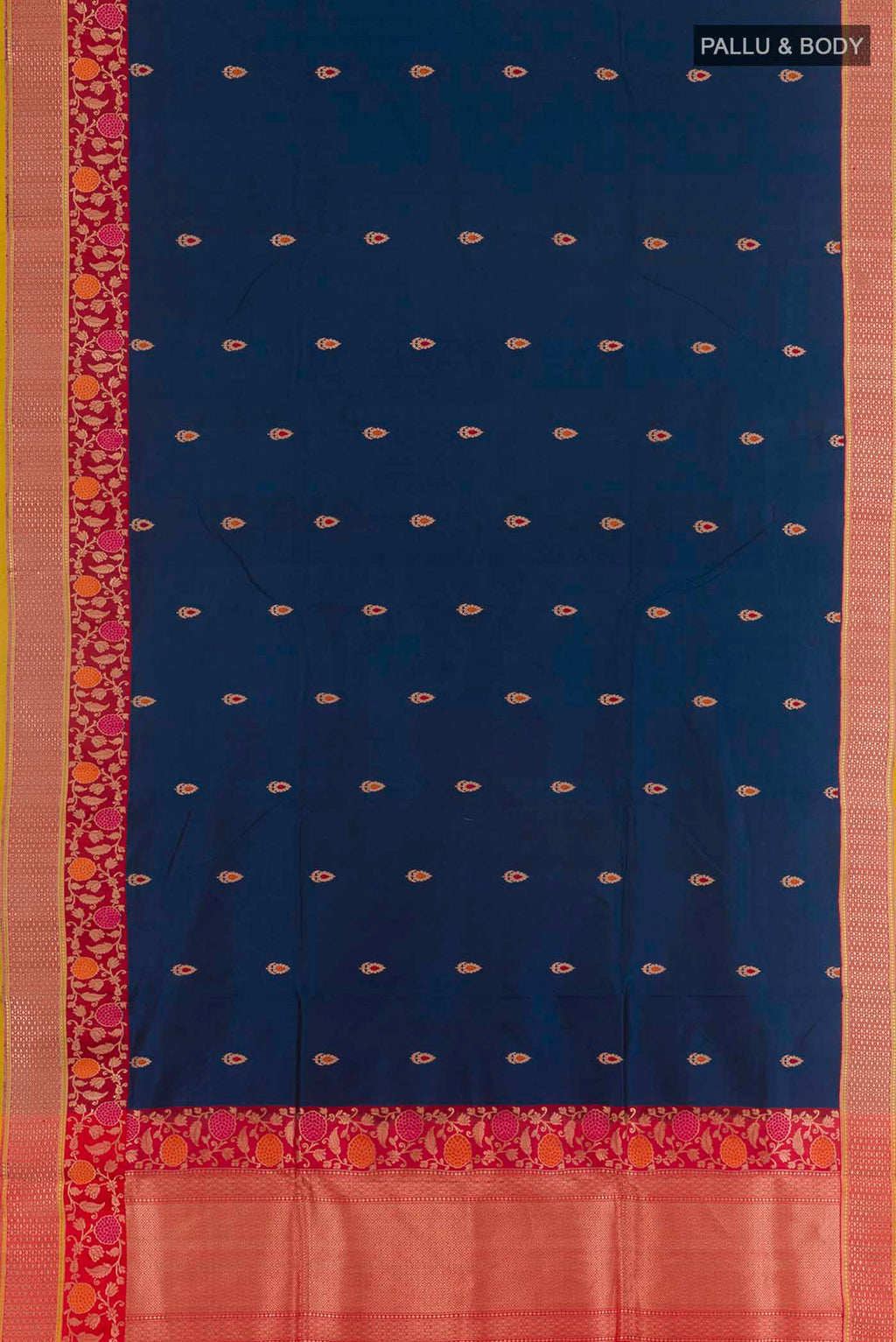 Flat view of Royal Blue Dual Tone Banarasi Katan Silk Saree with Zari Butta on the body and Zari Border. 