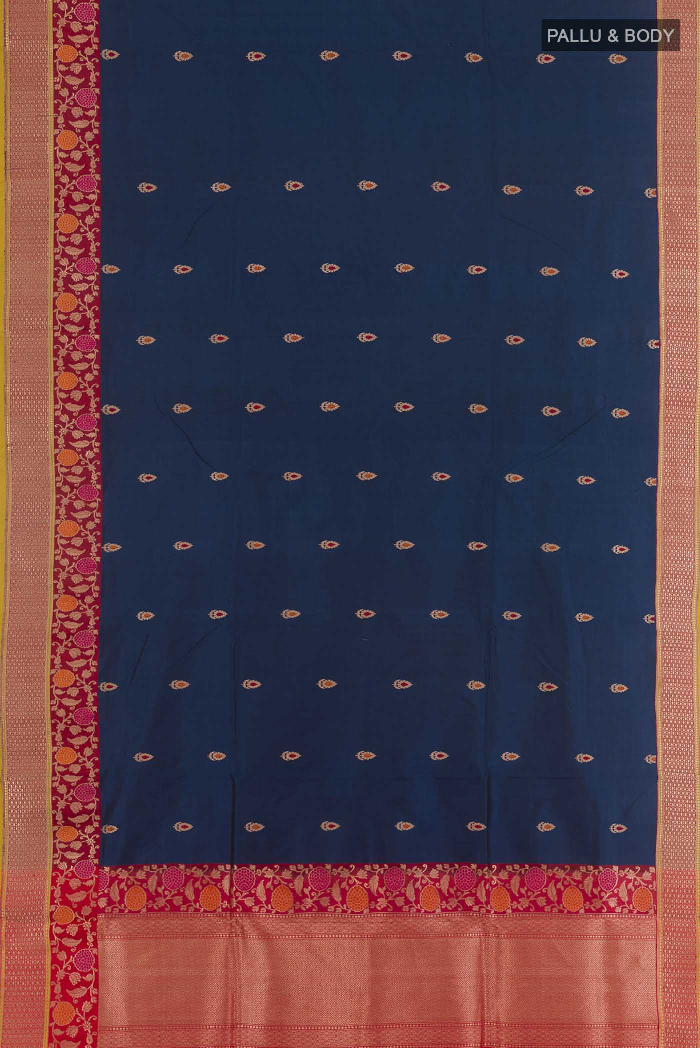 Flat view of Royal Blue Dual Tone Banarasi Katan Silk Saree with Zari Butta on the body and Zari Border. 