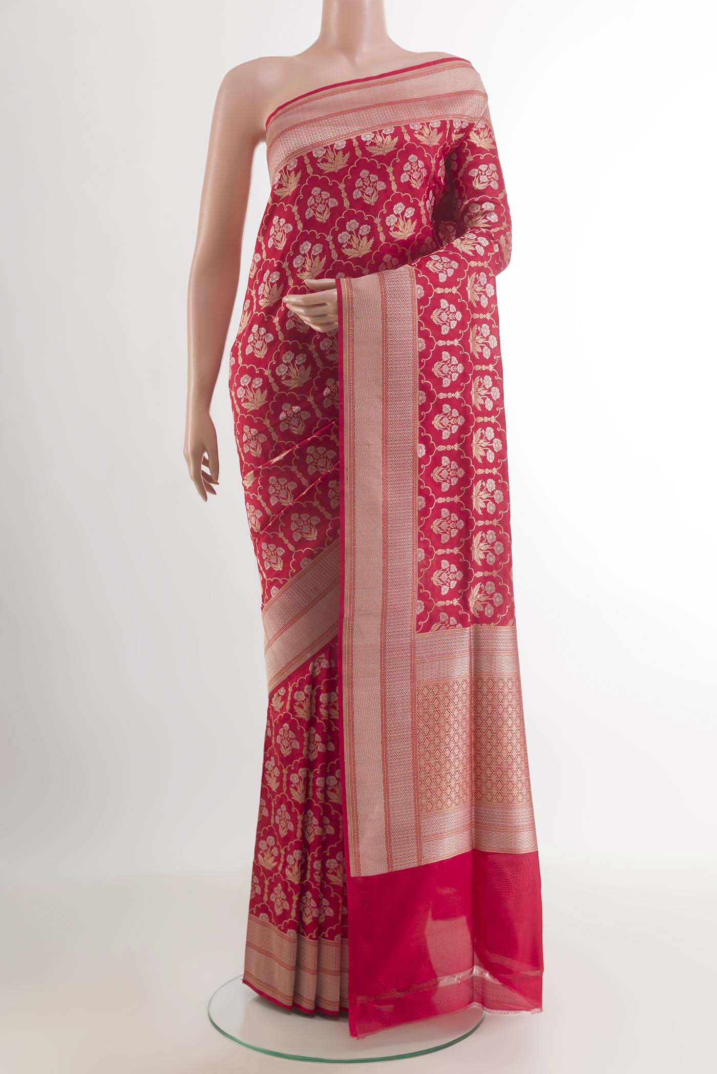 Red Banarasi Silk Saree with Zari Brocade on the body and Zari Border.  displayed on a mannequin
