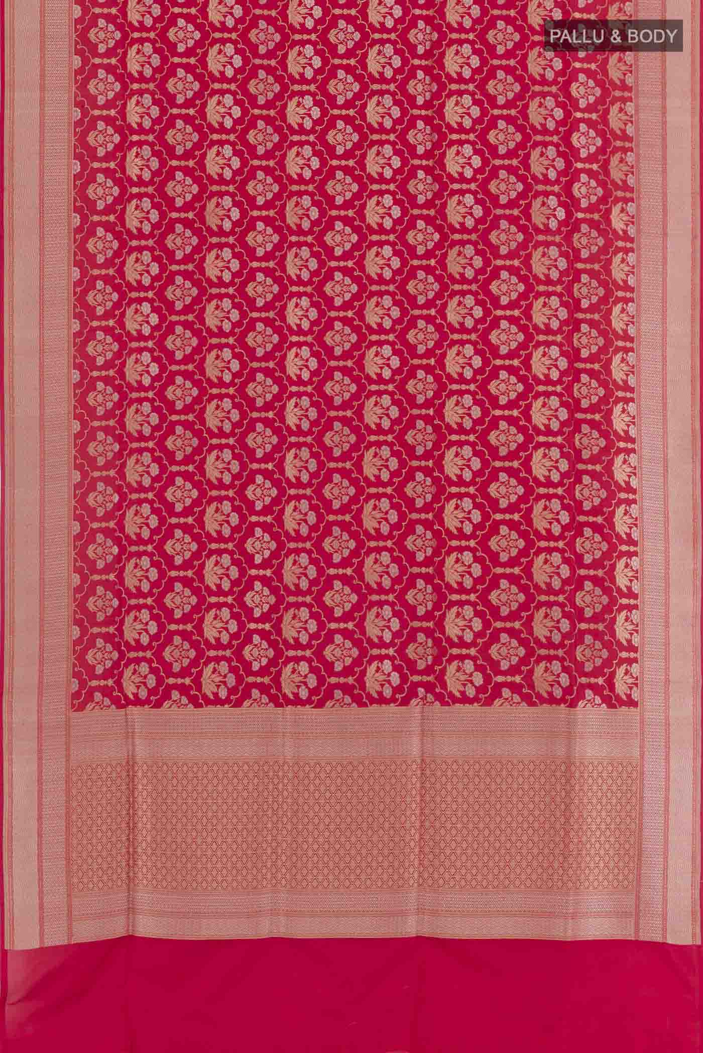 Flat view of Red Banarasi Silk Saree with Zari Brocade on the body and Zari Border. 