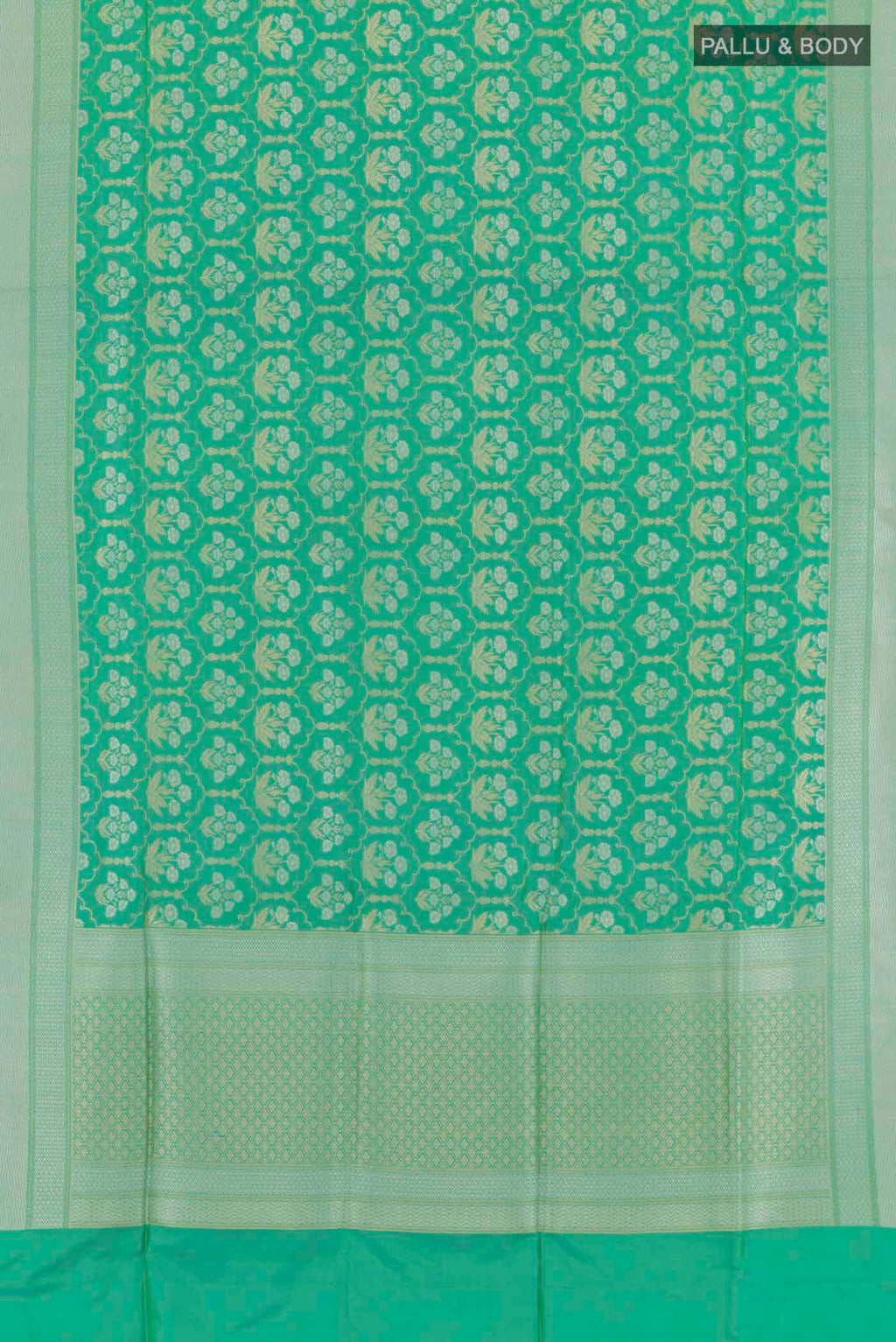 Flat view of Sea Green Banarasi Silk Saree with Zari Brocade on the body and Zari Border. 
