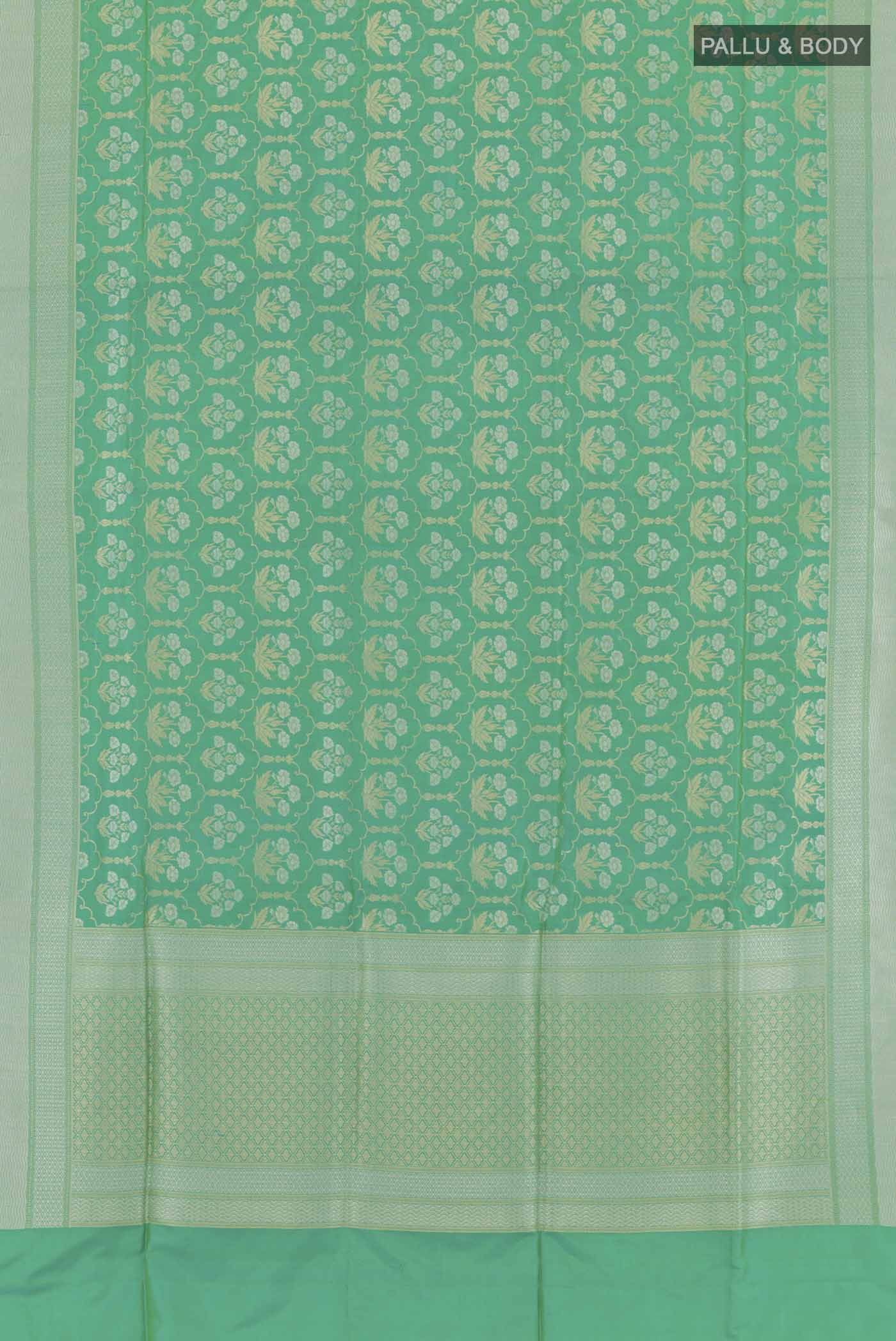 Flat view of Sea Green Banarasi Silk Saree with Zari Brocade on the body and Zari Border. 
