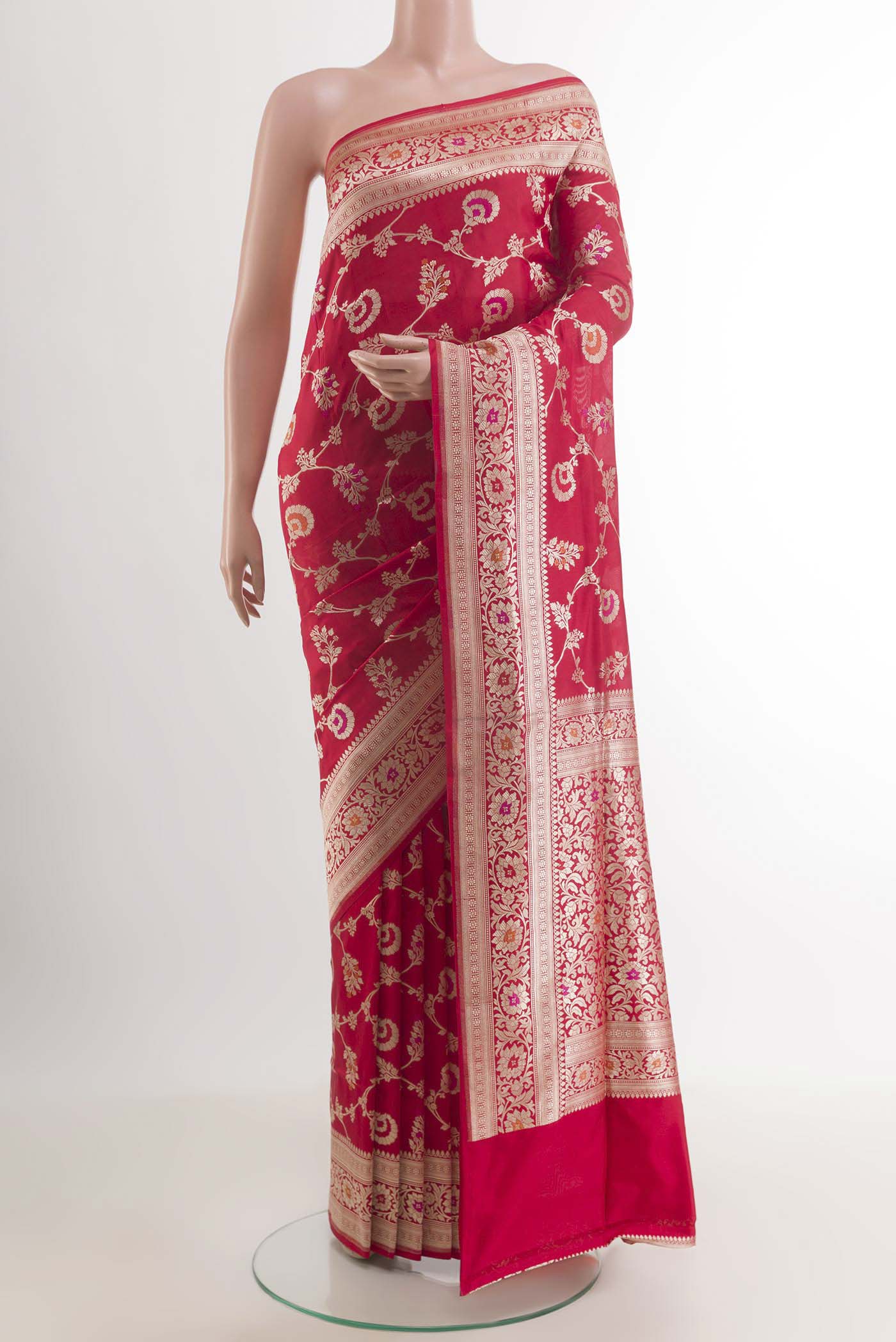 Red Banarasi Silk Saree with Zari Brocade on the body and Zari Border.  displayed on a mannequin