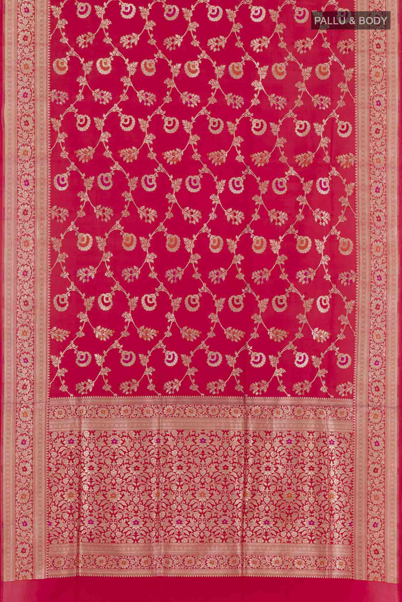 Flat view of Red Banarasi Silk Saree with Zari Brocade on the body and Zari Border. 