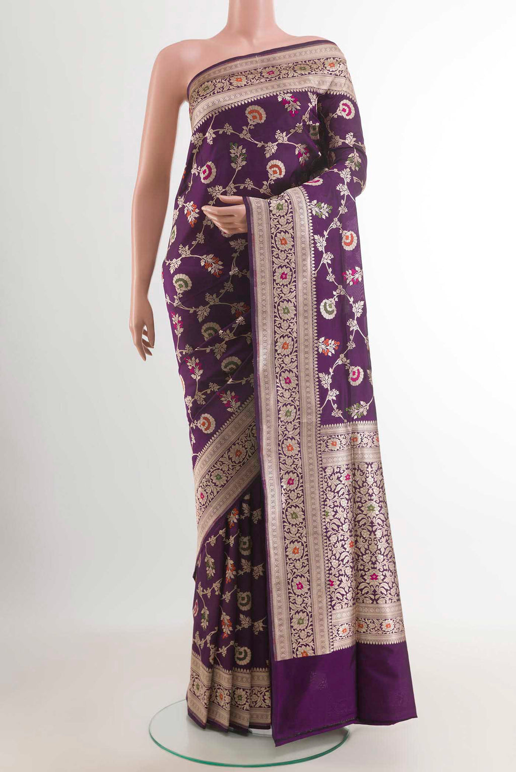 Purple Banarasi Silk Saree with Zari Brocade on the body and Zari Border.  displayed on a mannequin
