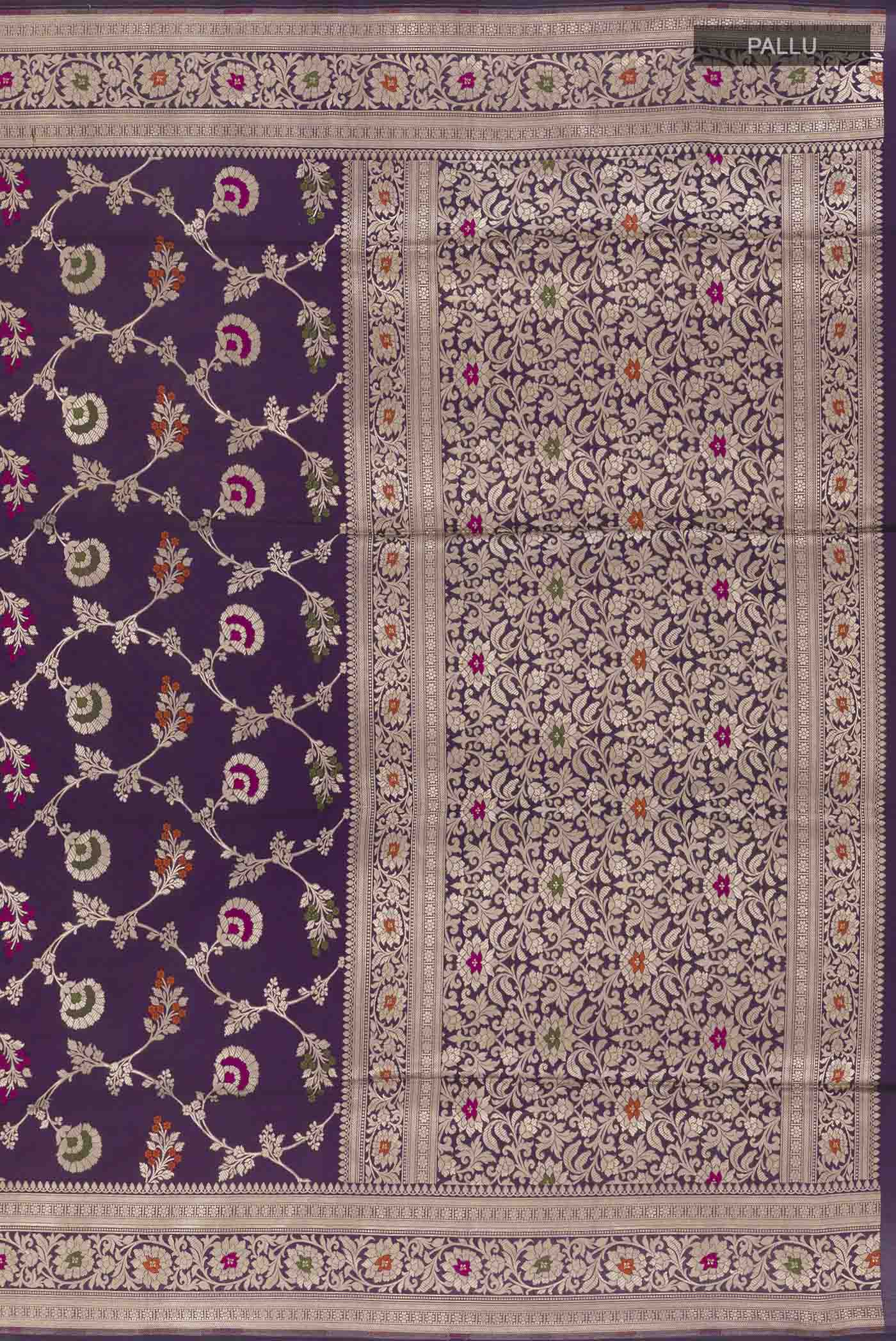 Close up image of the pallu of Purple Banarasi Silk Saree with Zari Brocade on the body and Zari Border. 