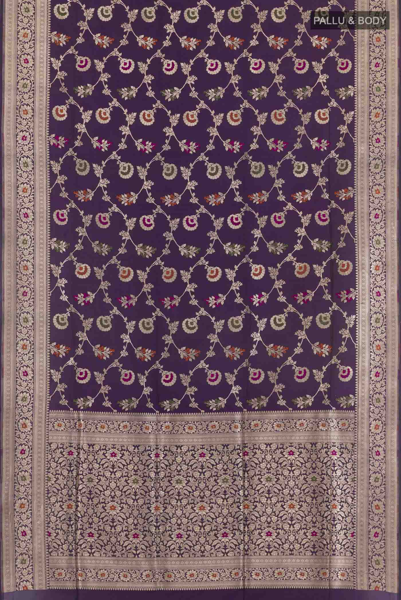 Flat view of Purple Banarasi Silk Saree with Zari Brocade on the body and Zari Border. 