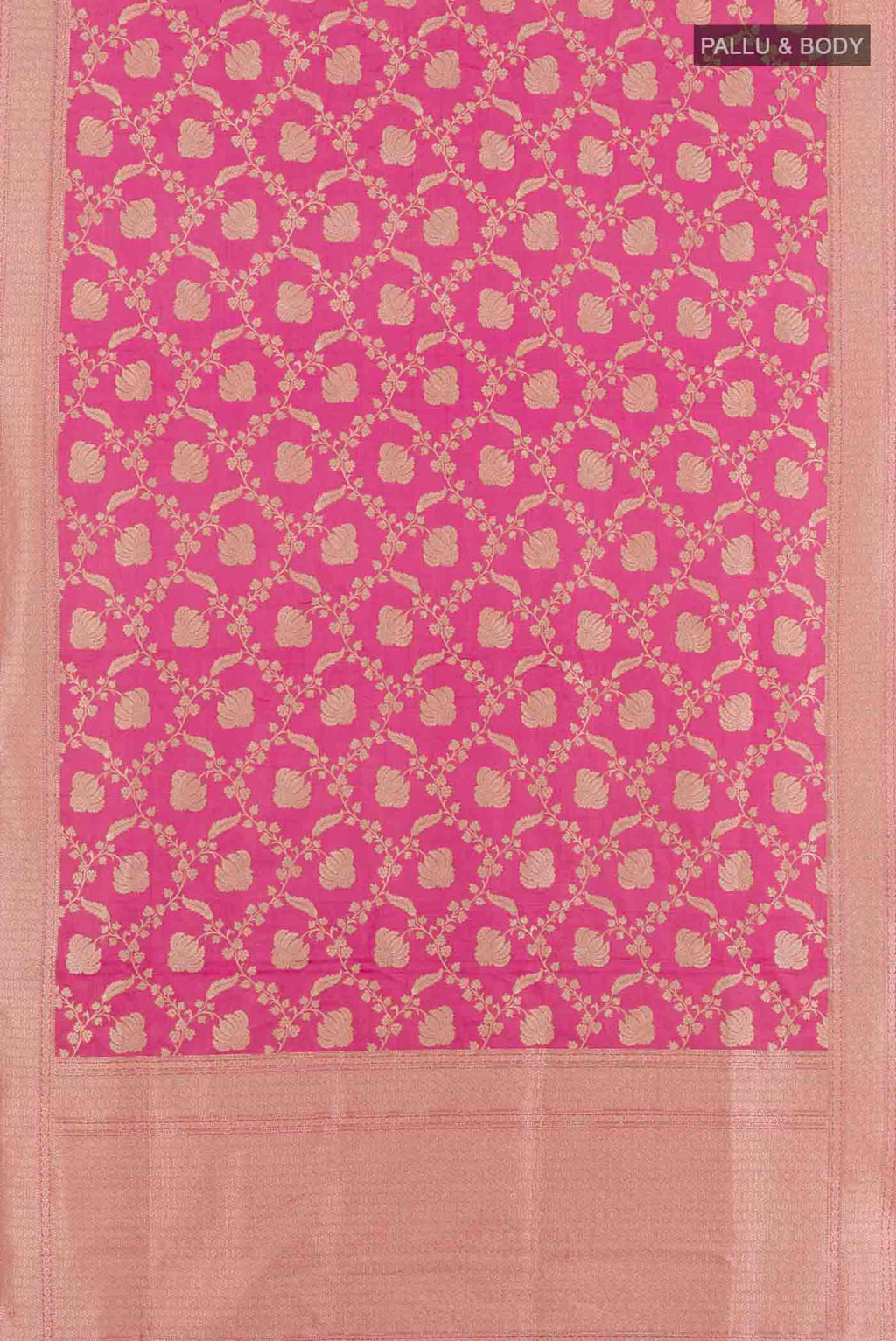 Flat view of Pink Banarasi Silk Saree with Zari Brocade on the body and Zari Border. 