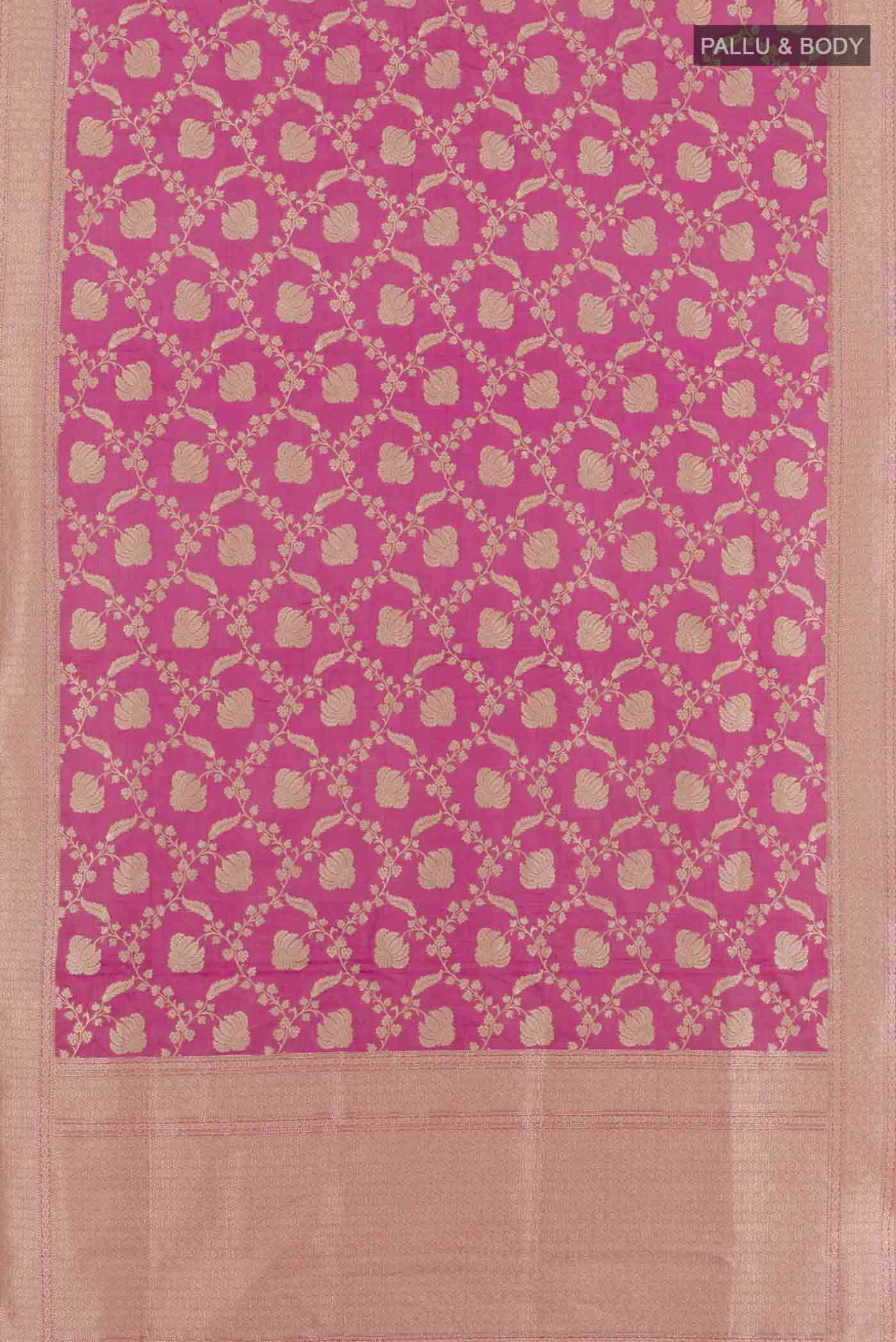 Flat view of Pink Banarasi Silk Saree with Zari Brocade on the body and Zari Border. 