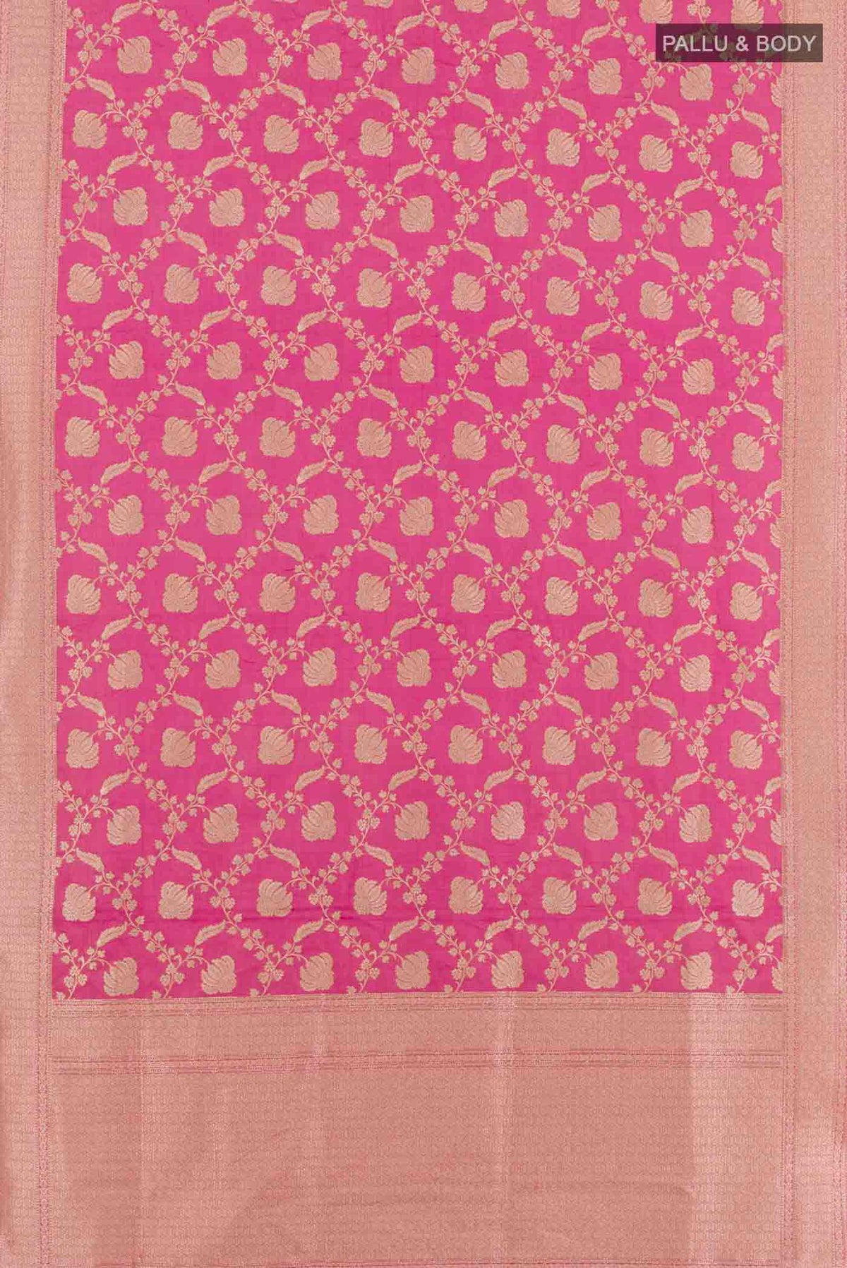 Flat view of Pink Banarasi Silk Saree with Zari Brocade on the body and Zari Border. 