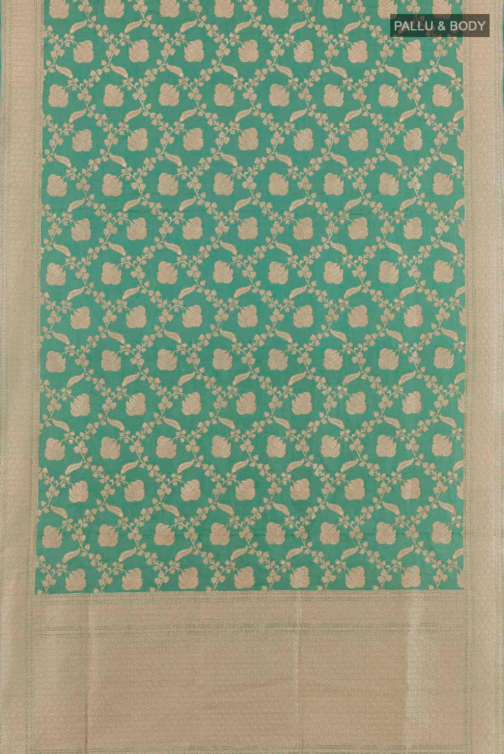 Flat view of Sea Green Banarasi Silk Saree with Zari Brocade on the body and Zari Border. 