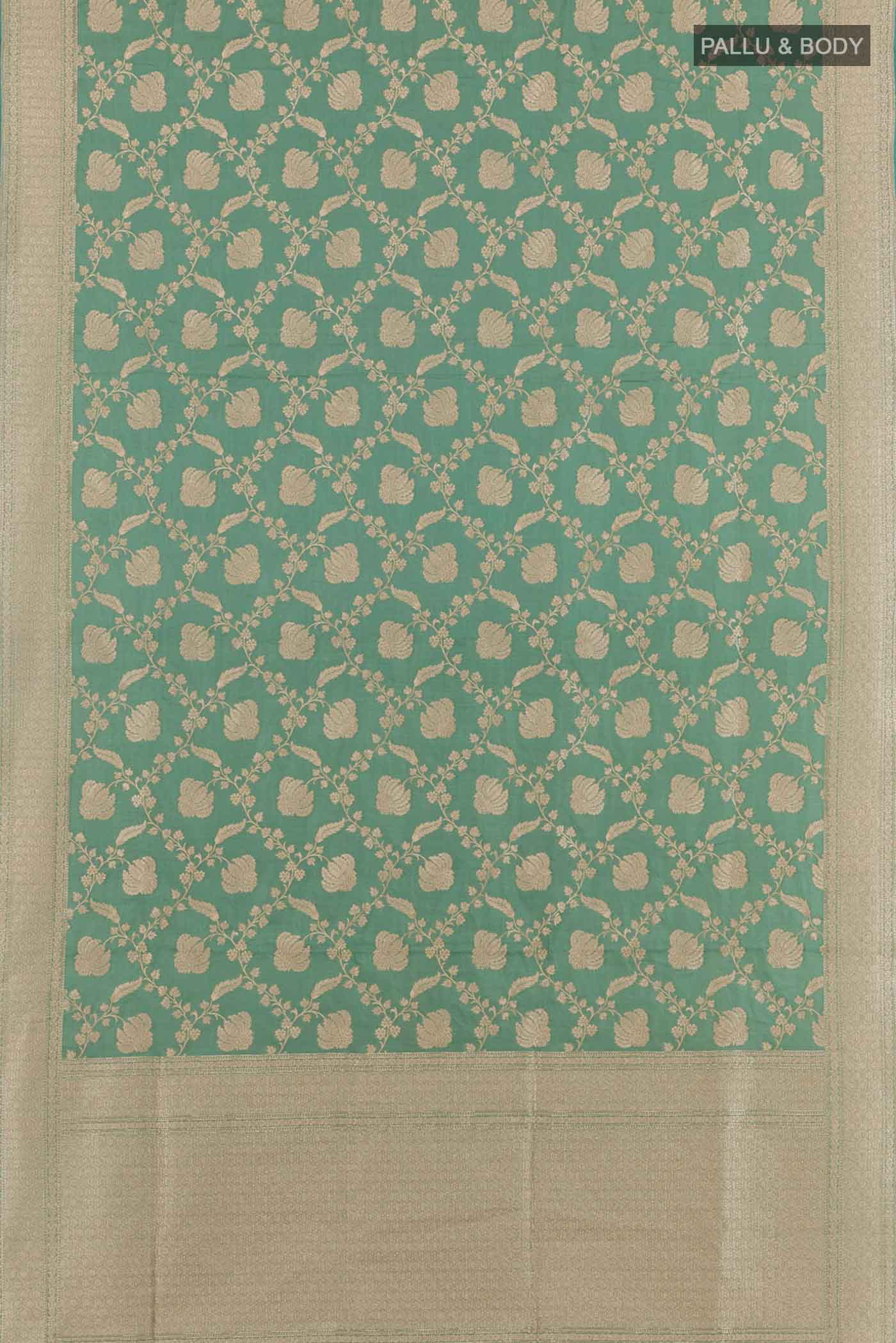 Flat view of Sea Green Banarasi Silk Saree with Zari Brocade on the body and Zari Border. 
